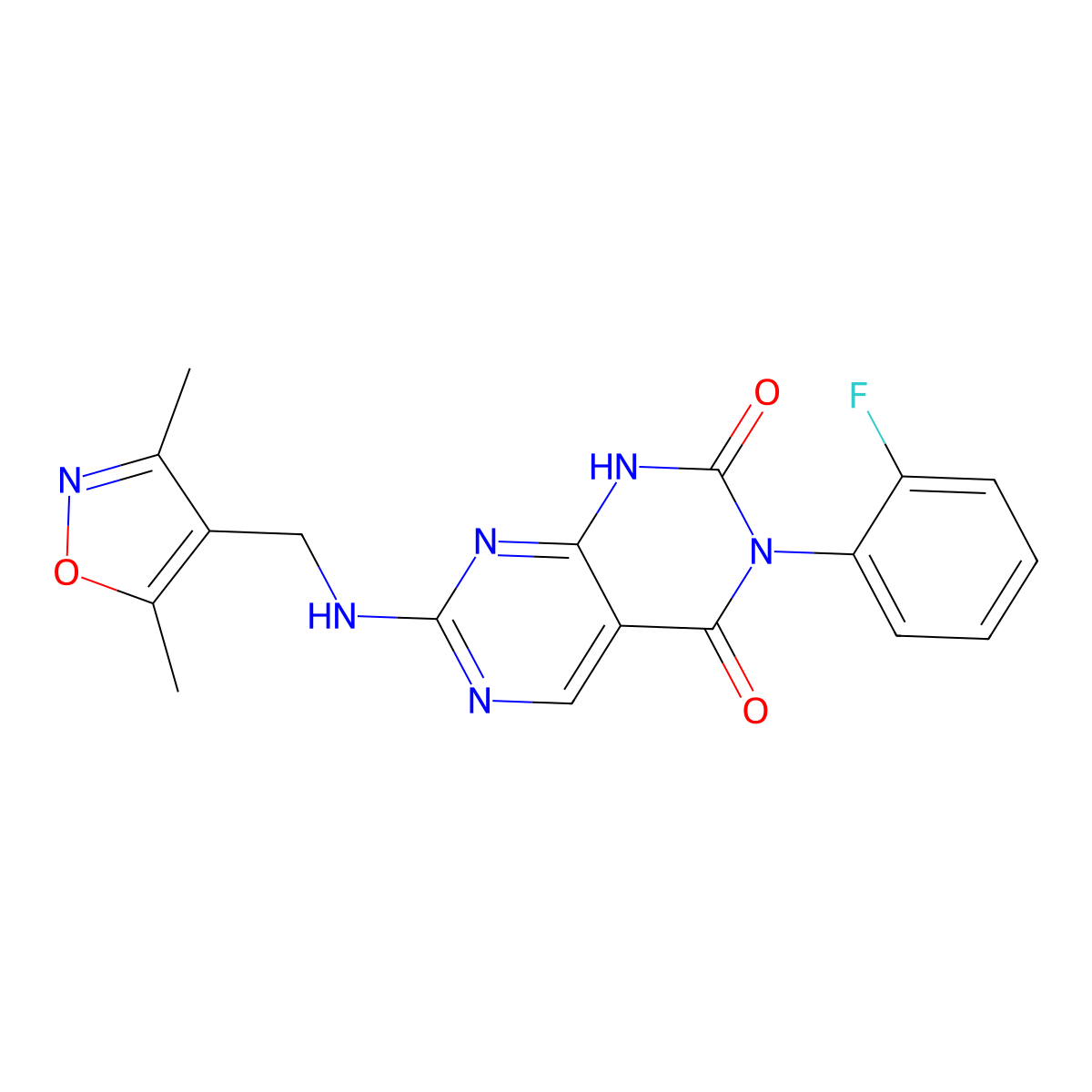 7-{[(3,5-dimethyl-1,2-oxazol-4-yl)methyl]amino}-3-(2-fluorophenyl)-1H,2H,3H,4H-[1,3]diazino[4,5-d]pyrimidine-2,4-dione molecular structure, CAS 1421485-36-0