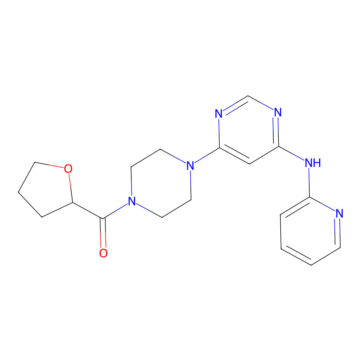 (4-(6-(Pyridin-2-ylamino)pyrimidin-4-yl)piperazin-1-yl)(tetrahydrofuran-2-yl)methanone molecular structure, CAS 1421485-38-2