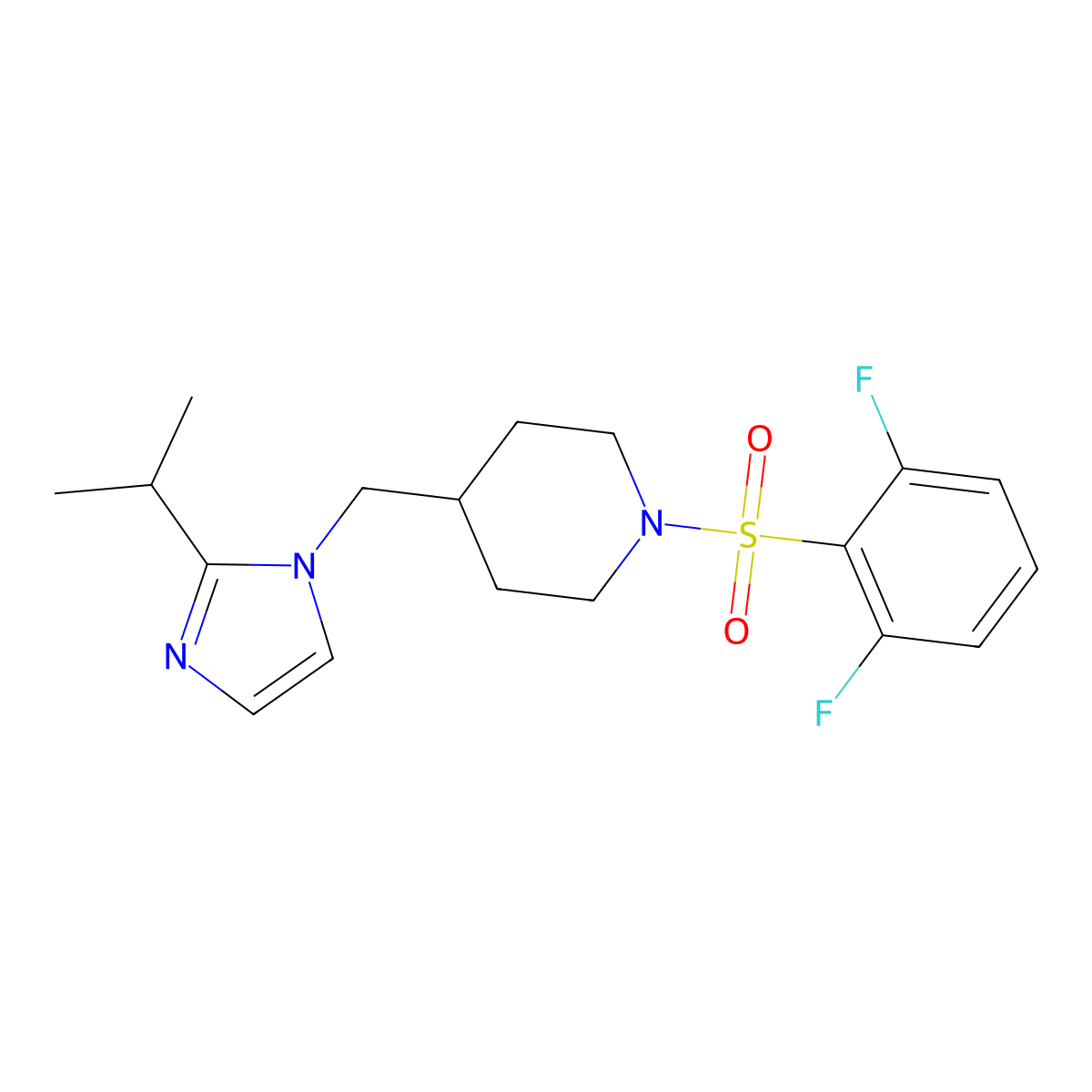 1-((2,6-difluorophenyl)sulfonyl)-4-((2-isopropyl-1H-imidazol-1-yl)methyl)piperidine molecular structure, CAS 1421485-40-6