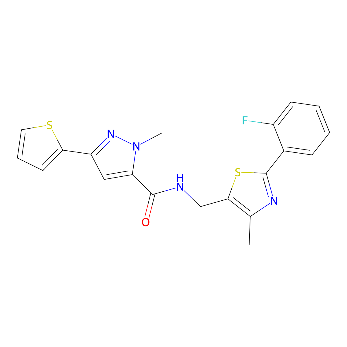 N-((2-(2-fluorophenyl)-4-methylthiazol-5-yl)methyl)-1-methyl-3-(thiophen-2-yl)-1H-pyrazole-5-carboxamide molecular structure, CAS 1421485-41-7