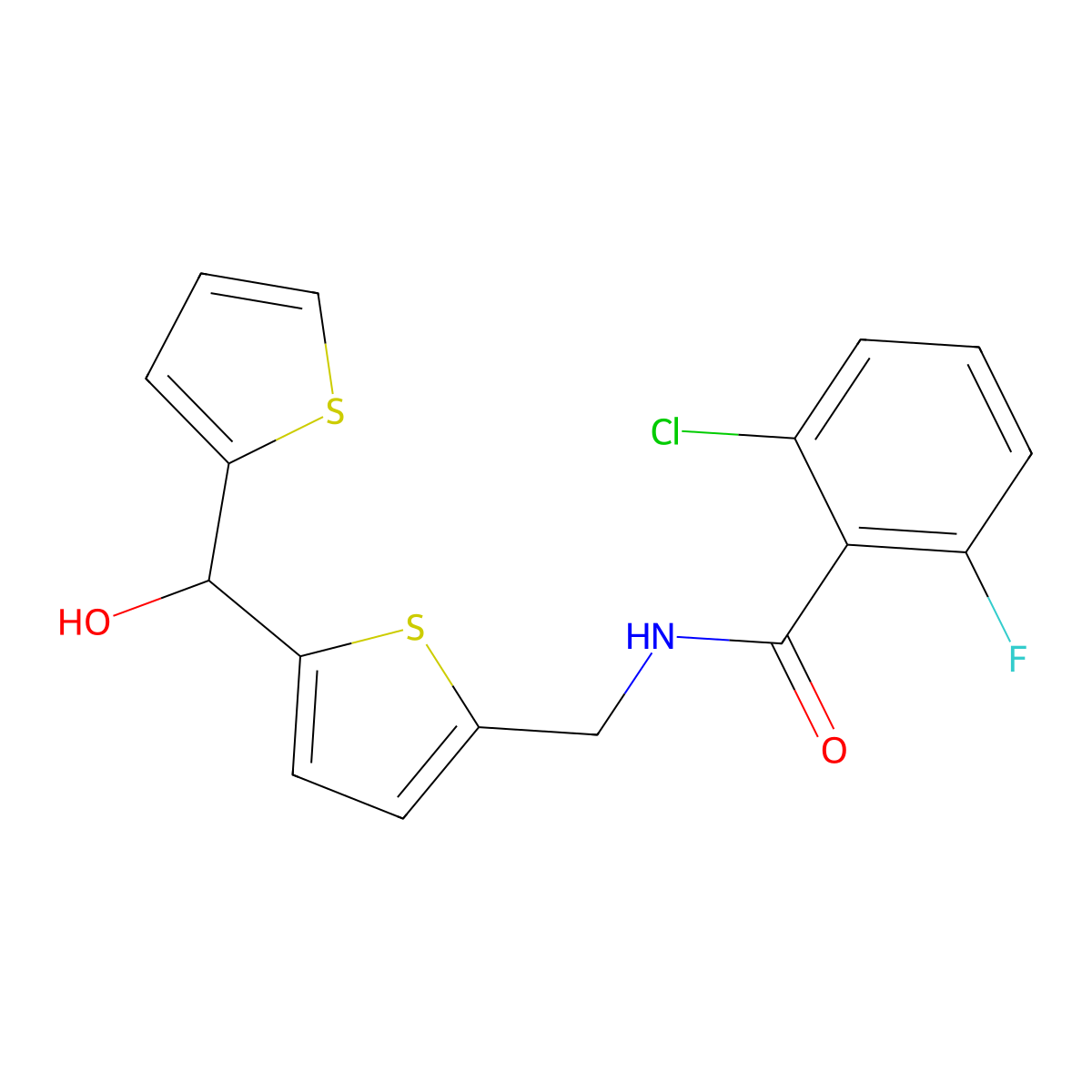 2-Chloro-6-fluoro-N-({5-[hydroxy(thiophen-2-YL)methyl]thiophen-2-YL}methyl)benzamide molecular structure, CAS 1421485-55-3