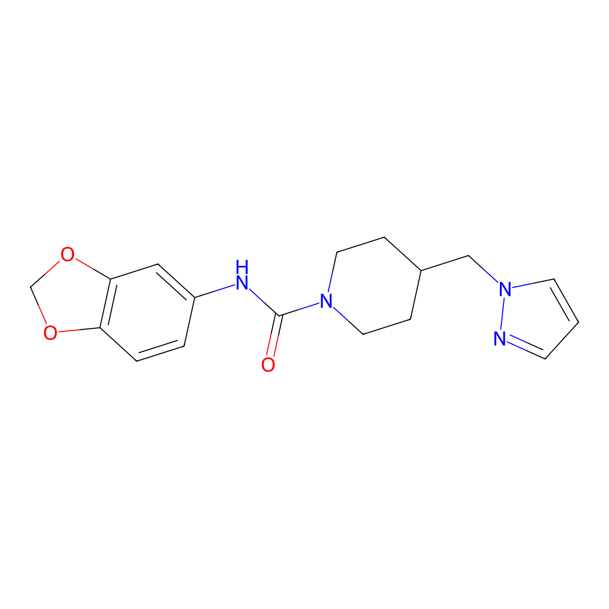 4-((1H-pyrazol-1-yl)methyl)-N-(benzo[d][1,3]dioxol-5-yl)piperidine-1-carboxamide molecular structure, CAS 1421485-56-4