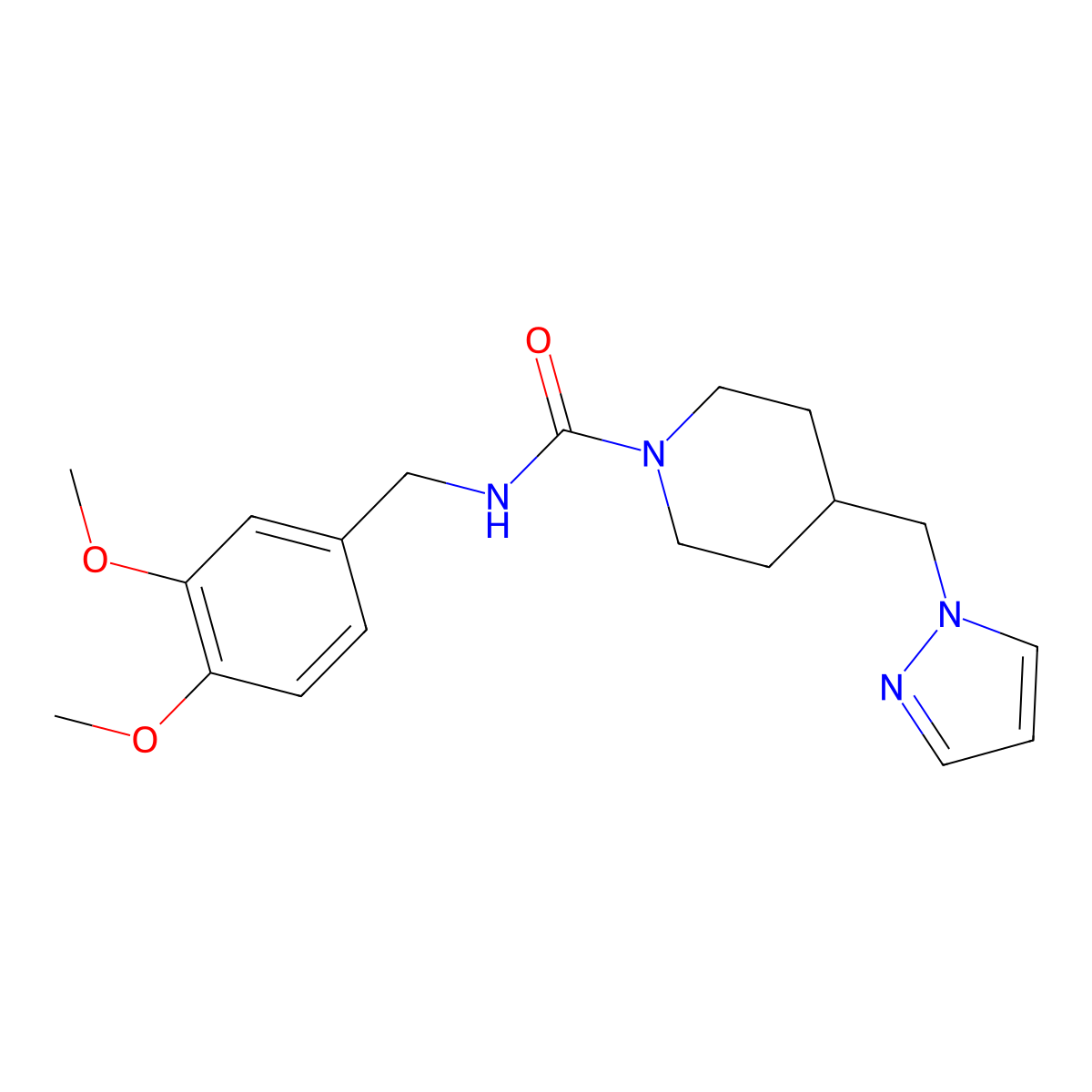 4-((1H-pyrazol-1-yl)methyl)-N-(3,4-dimethoxybenzyl)piperidine-1-carboxamide molecular structure, CAS 1421485-65-5