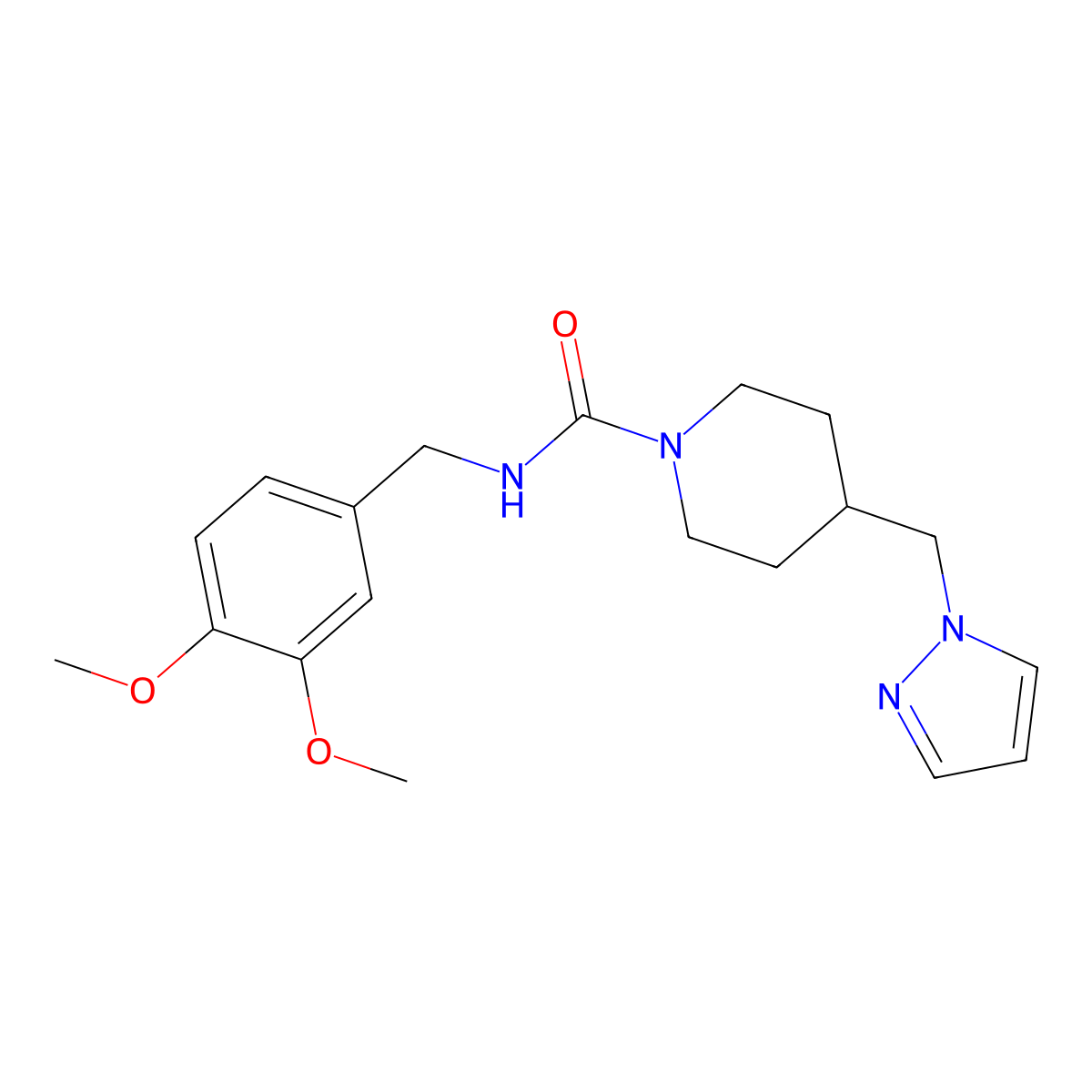 4-((1H-pyrazol-1-yl)methyl)-N-(3,4-dimethoxybenzyl)piperidine-1-carboxamide molecular structure, CAS 1421485-65-5