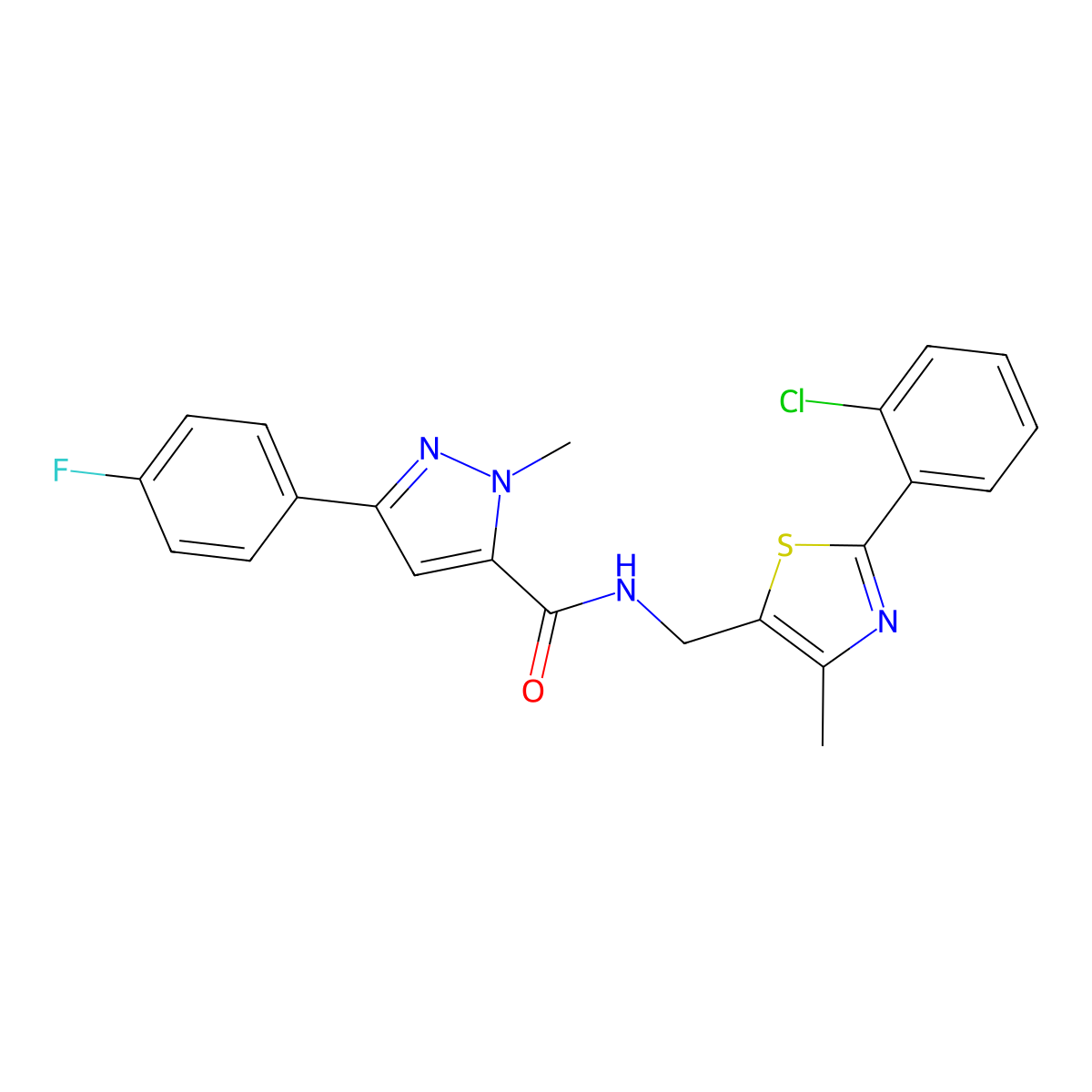 N-((2-(2-chlorophenyl)-4-methylthiazol-5-yl)methyl)-3-(4-fluorophenyl)-1-methyl-1H-pyrazole-5-carboxamide molecular structure, CAS 1421485-66-6