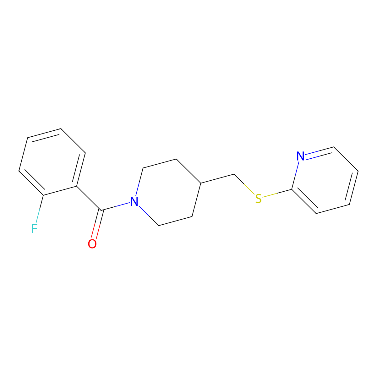(2-Fluorophenyl)(4-((pyridin-2-ylthio)methyl)piperidin-1-yl)methanone molecular structure, CAS 1421489-16-8