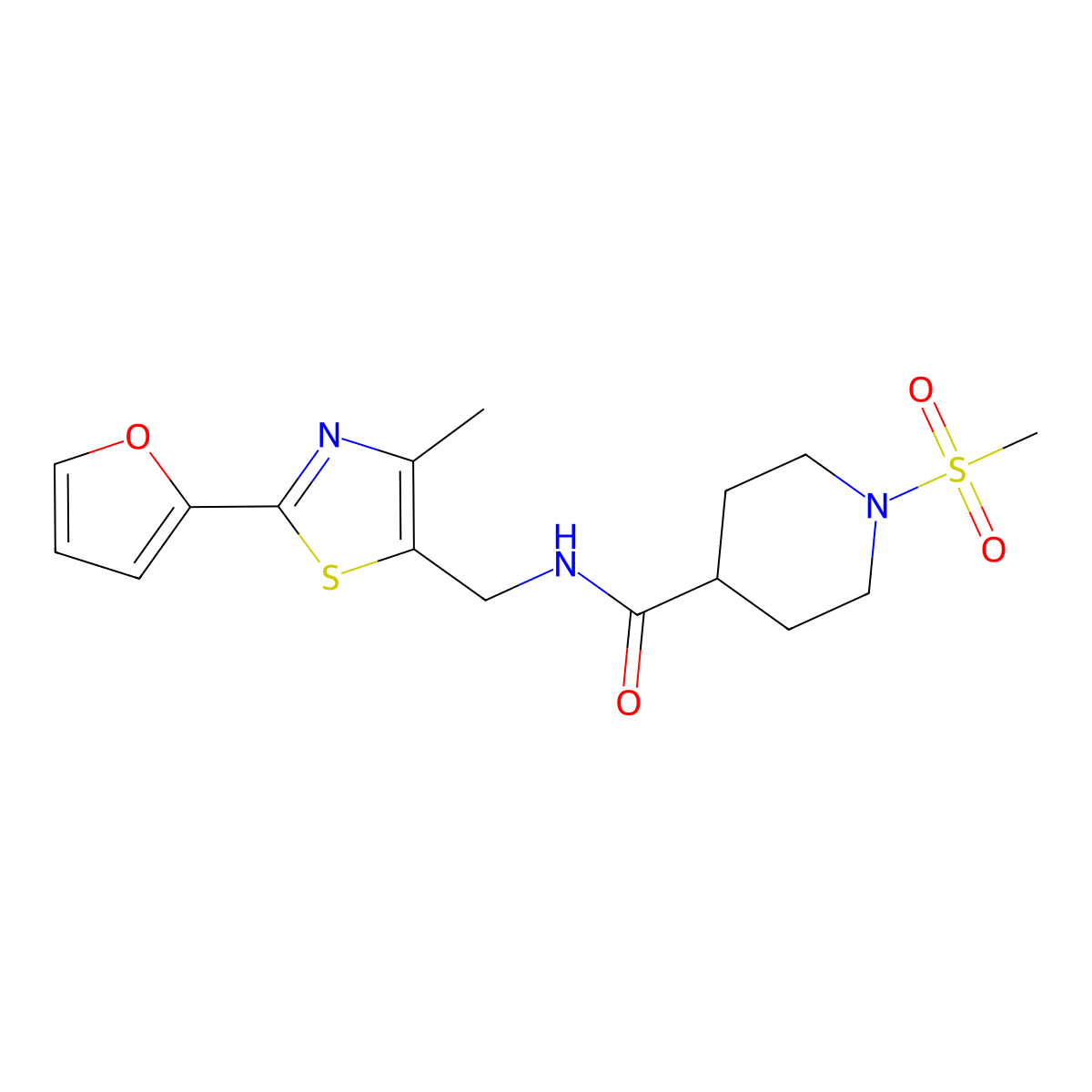 N-((2-(furan-2-yl)-4-methylthiazol-5-yl)methyl)-1-(methylsulfonyl)piperidine-4-carboxamide molecular structure, CAS 1421489-24-8