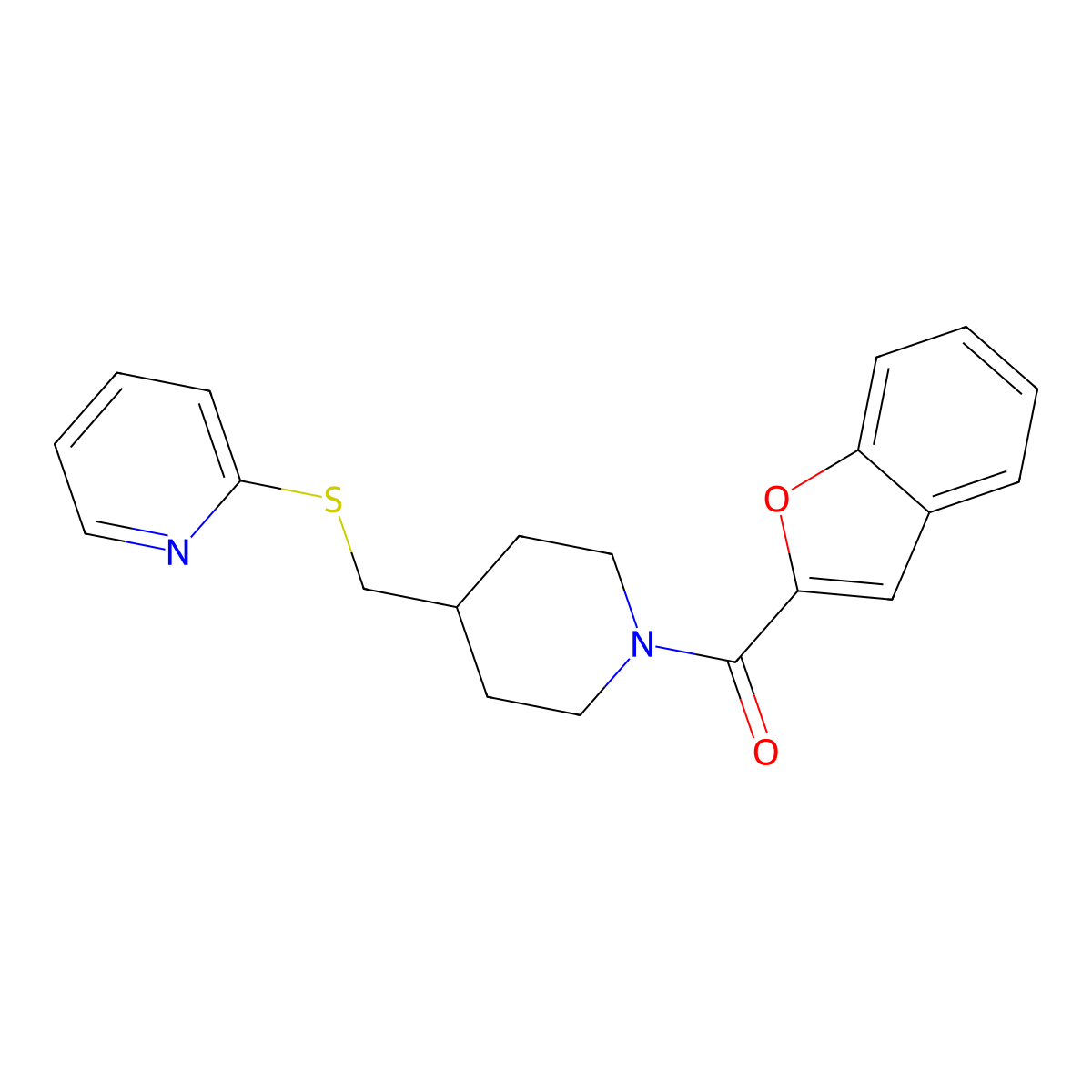 Benzofuran-2-yl(4-((pyridin-2-ylthio)methyl)piperidin-1-yl)methanone molecular structure, CAS 1421489-40-8