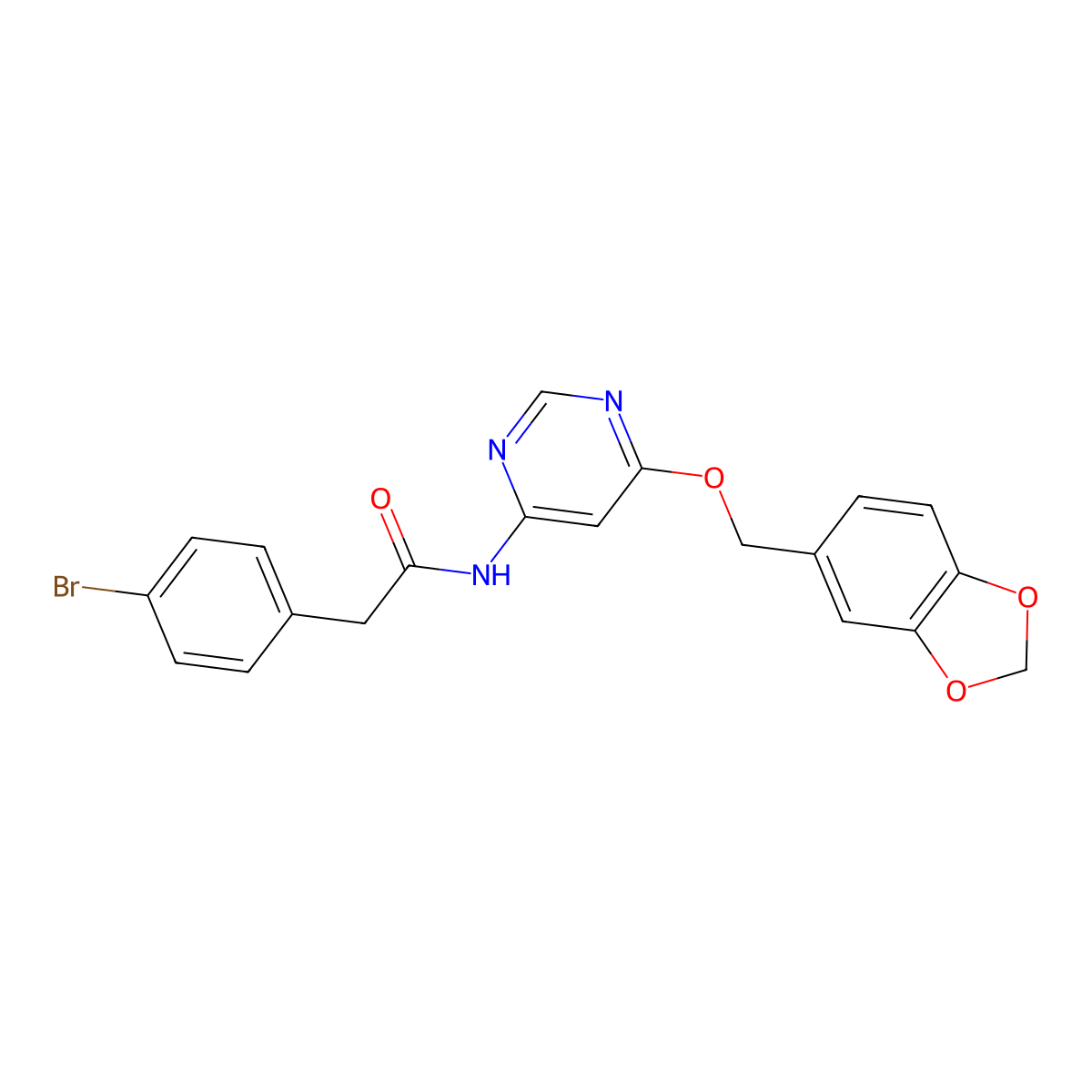 N-(6-(benzo[d][1,3]dioxol-5-ylmethoxy)pyrimidin-4-yl)-2-(4-bromophenyl)acetamide molecular structure, CAS 1421489-49-7