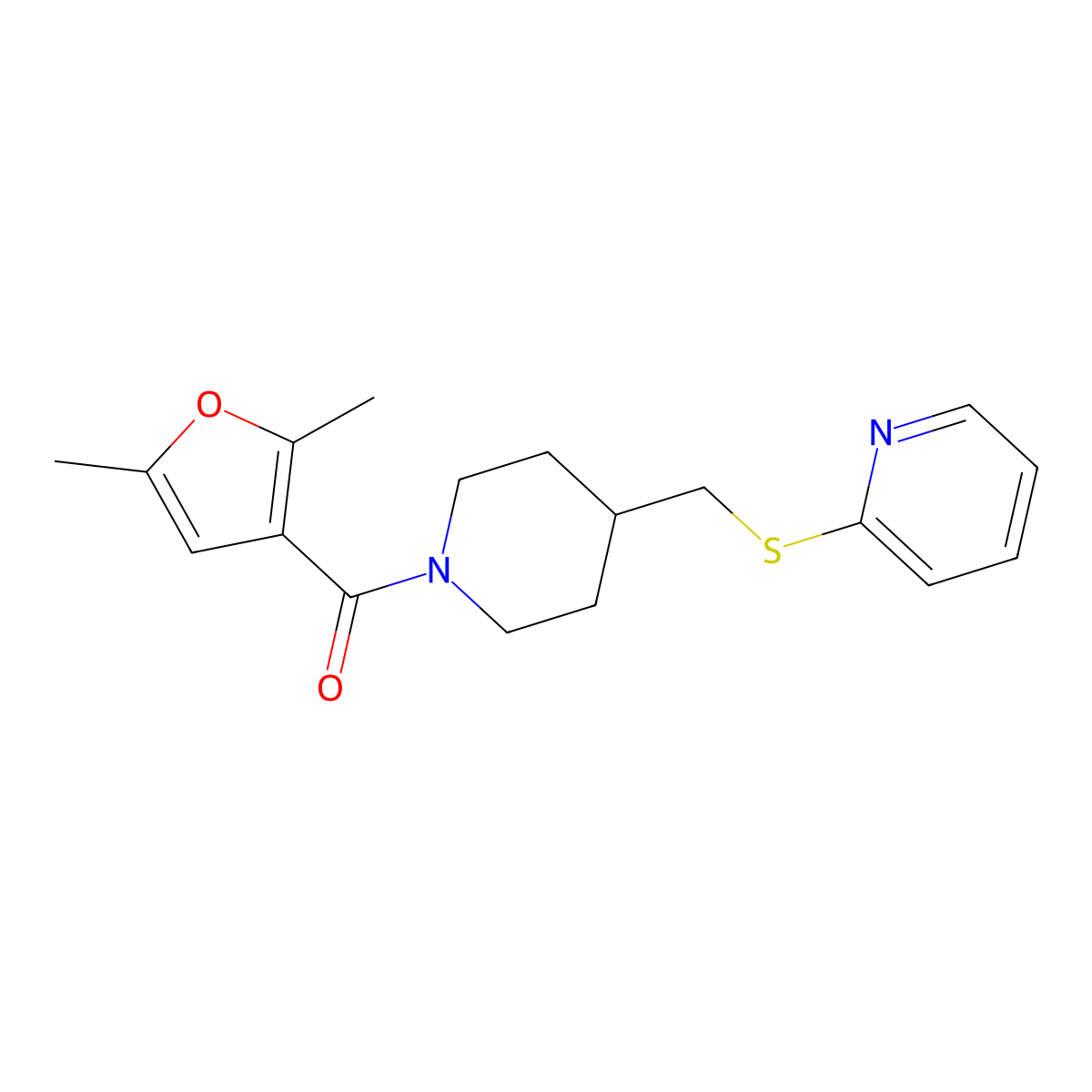 (2,5-Dimethylfuran-3-yl)(4-((pyridin-2-ylthio)methyl)piperidin-1-yl)methanone molecular structure, CAS 1421489-53-3