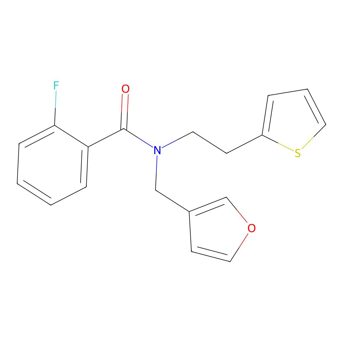 2-fluoro-N-(furan-3-ylmethyl)-N-(2-(thiophen-2-yl)ethyl)benzamide molecular structure, CAS 1421489-59-9
