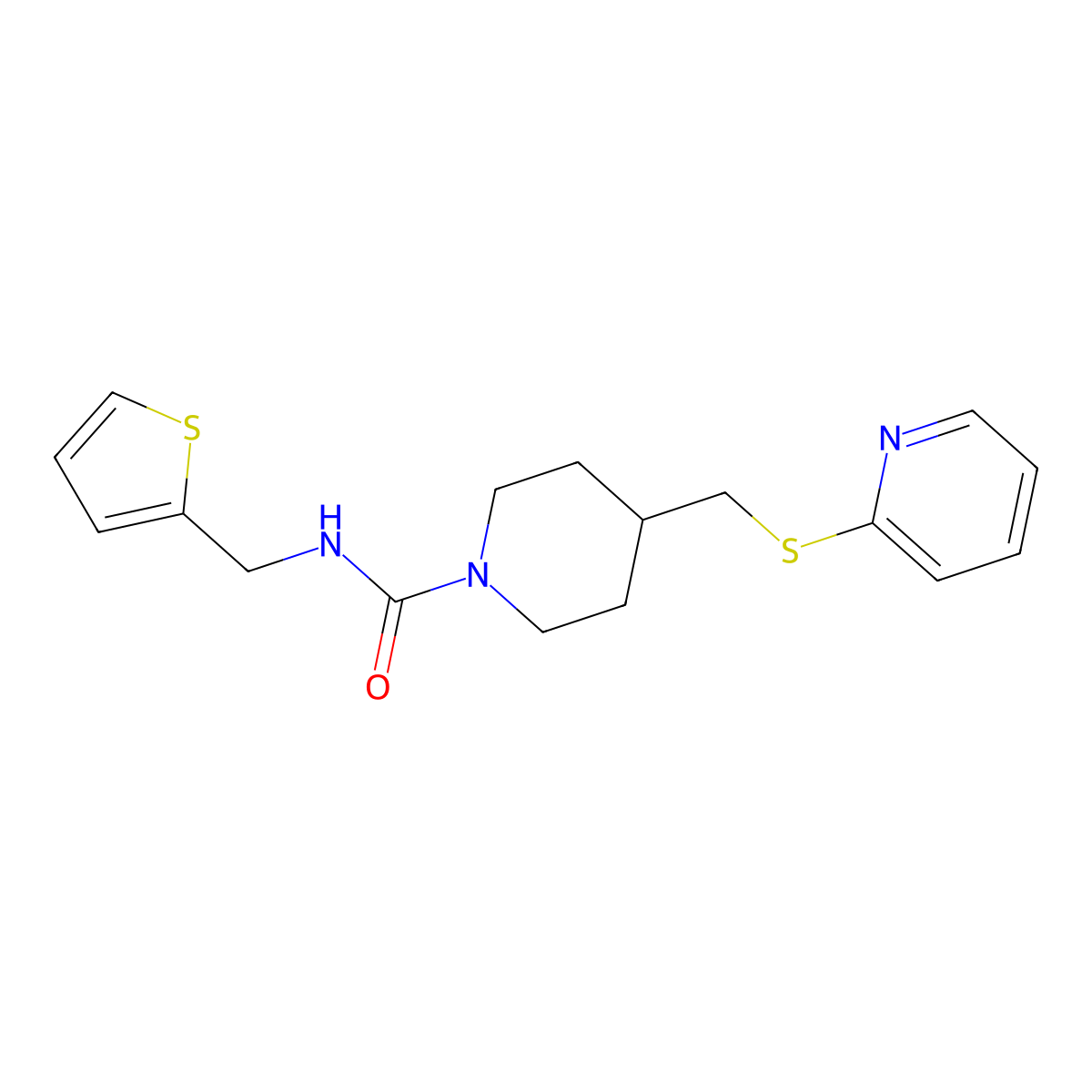 4-((pyridin-2-ylthio)methyl)-N-(thiophen-2-ylmethyl)piperidine-1-carboxamide molecular structure, CAS 1421489-61-3