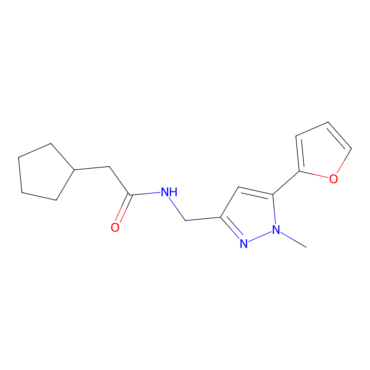 2-cyclopentyl-N-{[5-(furan-2-yl)-1-methyl-1H-pyrazol-3-yl]methyl}acetamide molecular structure, CAS 1421489-73-7