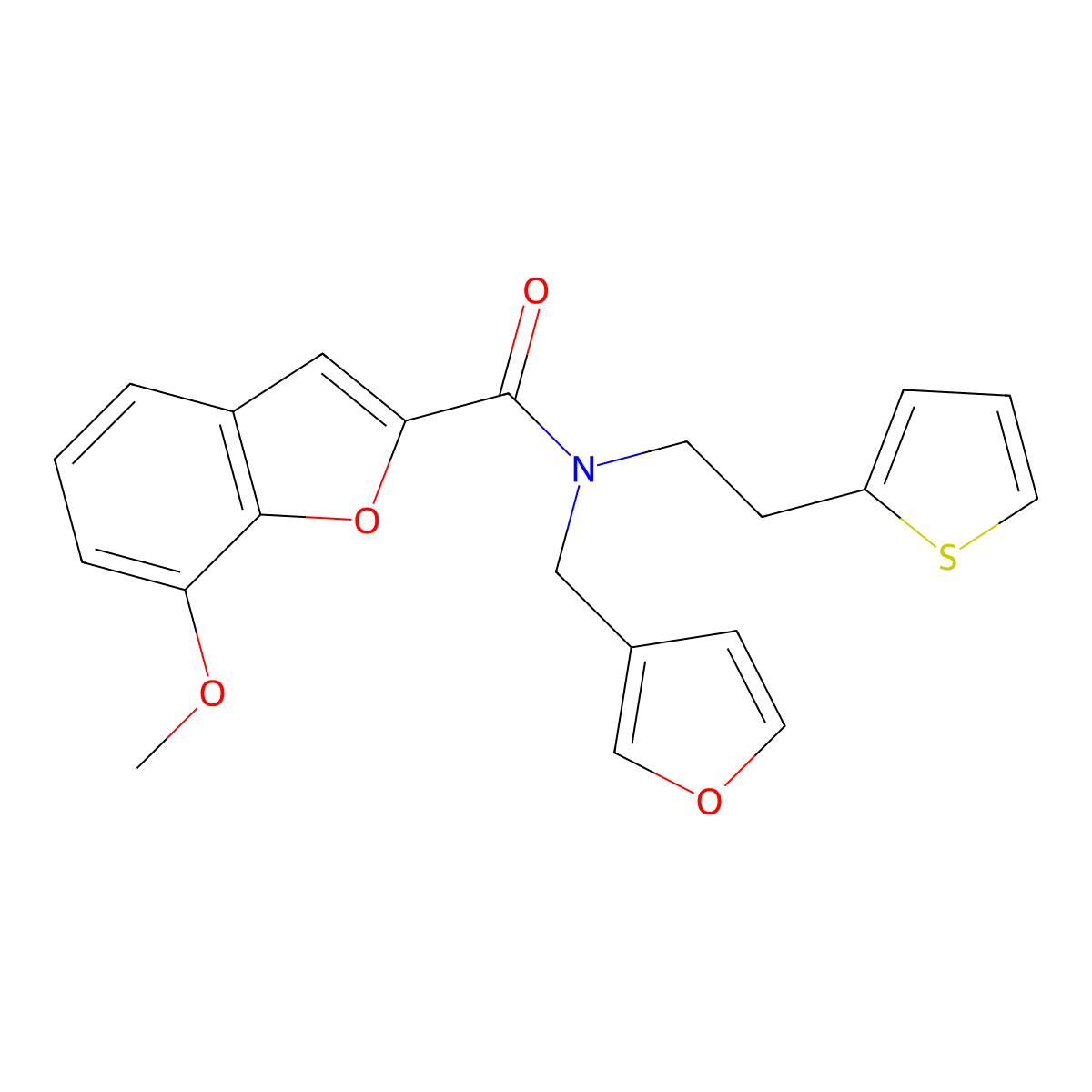 N-(furan-3-ylmethyl)-7-methoxy-N-(2-(thiophen-2-yl)ethyl)benzofuran-2-carboxamide molecular structure, CAS 1421489-77-1