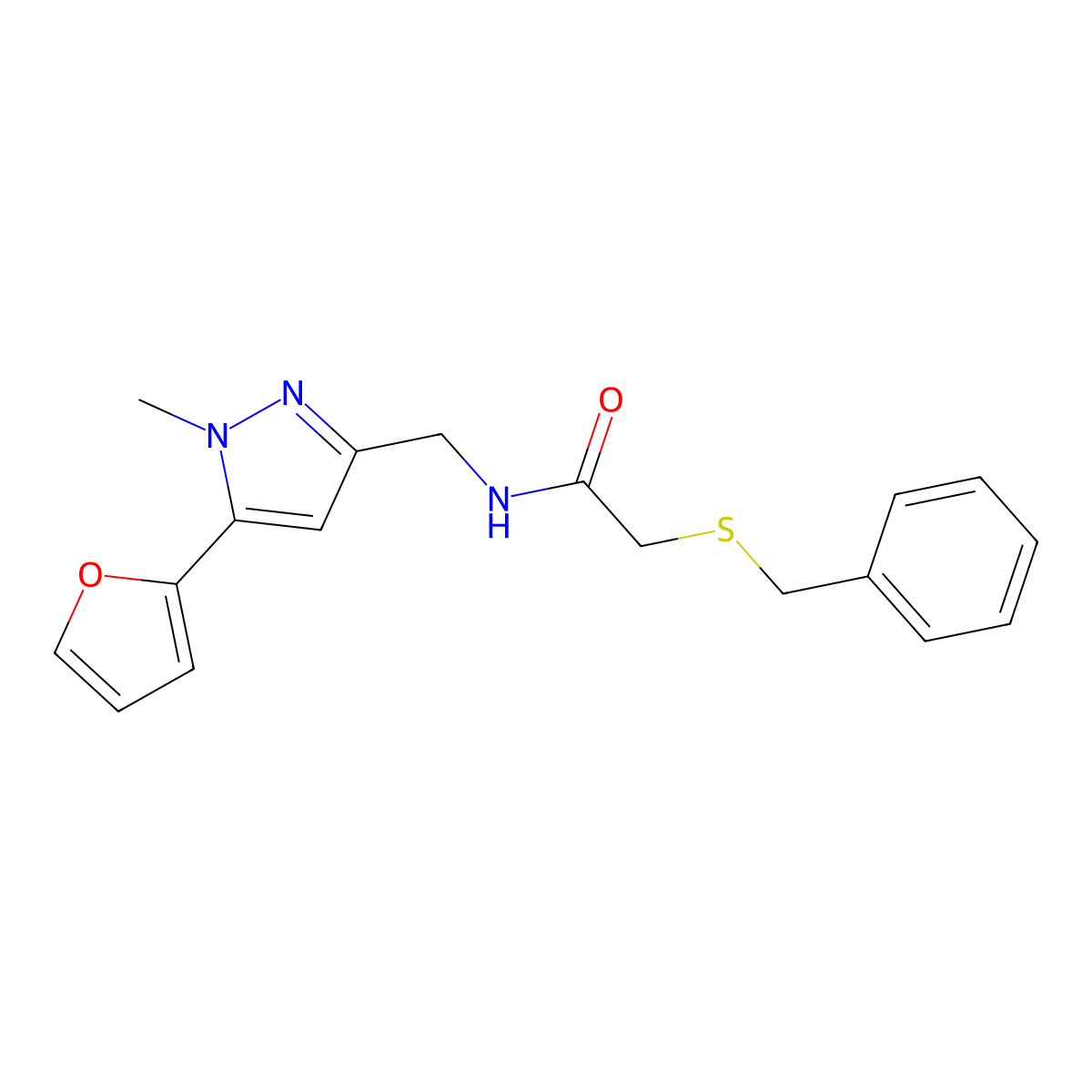 2-(benzylthio)-N-((5-(furan-2-yl)-1-methyl-1H-pyrazol-3-yl)methyl)acetamide molecular structure, CAS 1421489-80-6