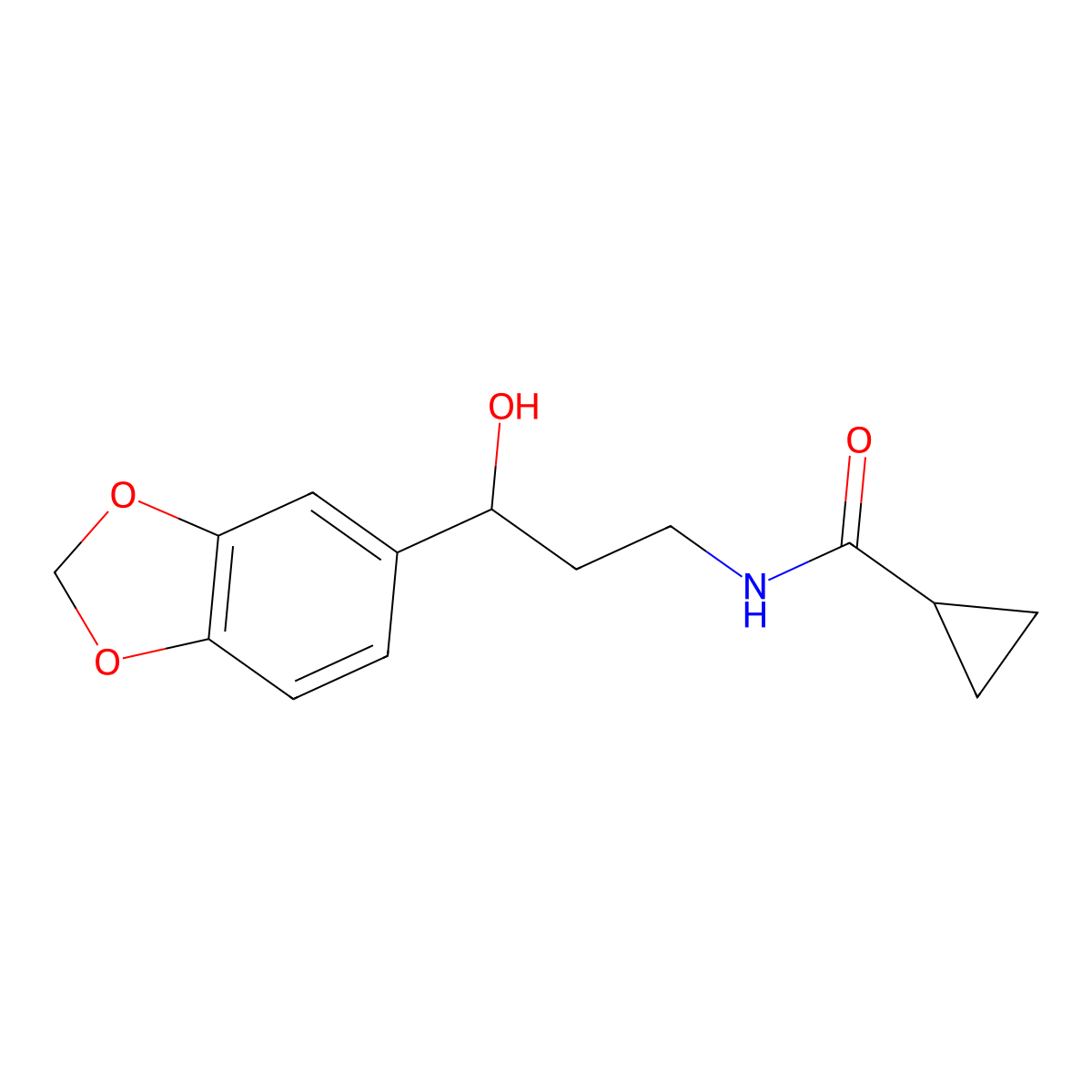 N-(3-(benzo[d][1,3]dioxol-5-yl)-3-hydroxypropyl)cyclopropanecarboxamide molecular structure, CAS 1421489-90-8