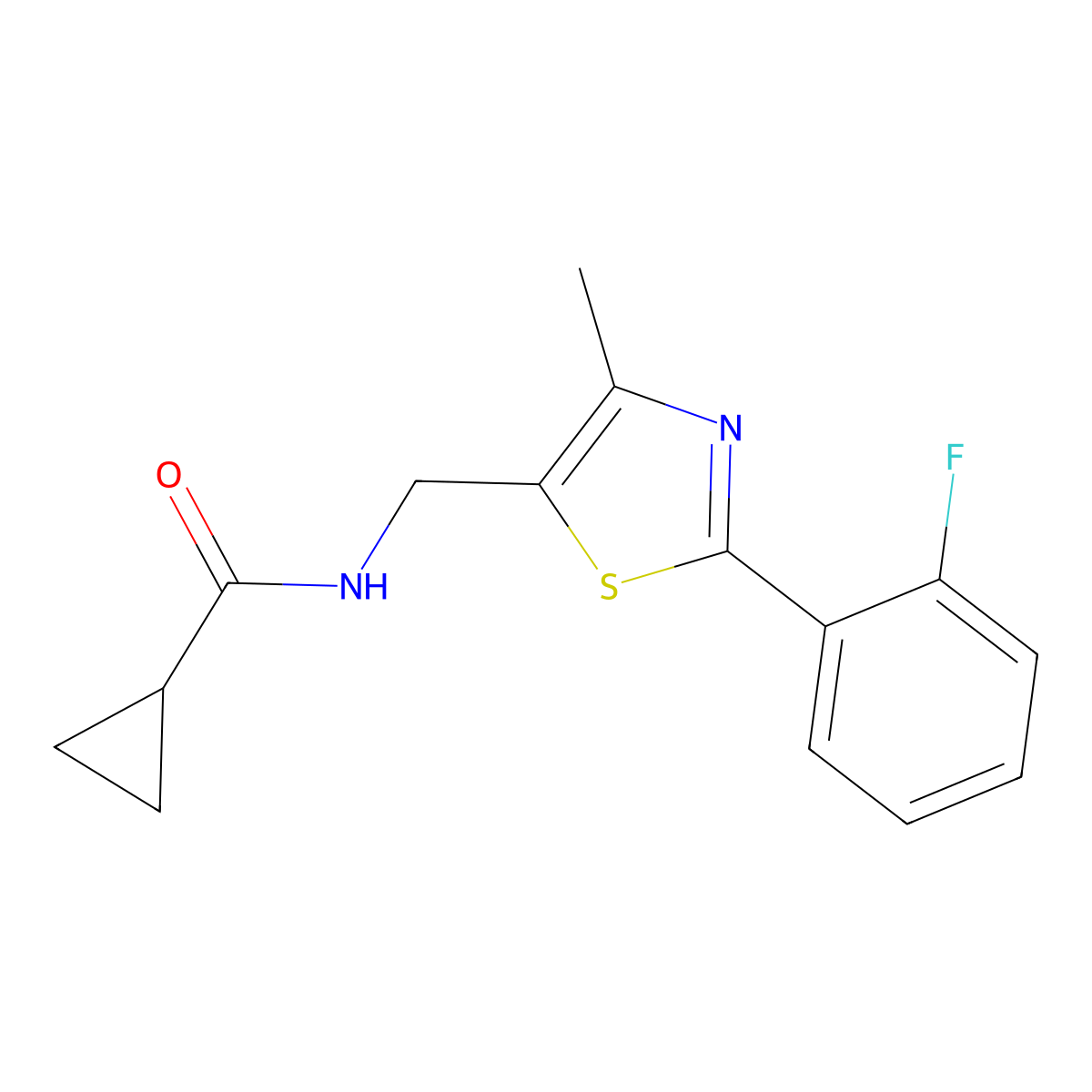 N-((2-(2-fluorophenyl)-4-methylthiazol-5-yl)methyl)cyclopropanecarboxamide molecular structure, CAS 1421489-92-0