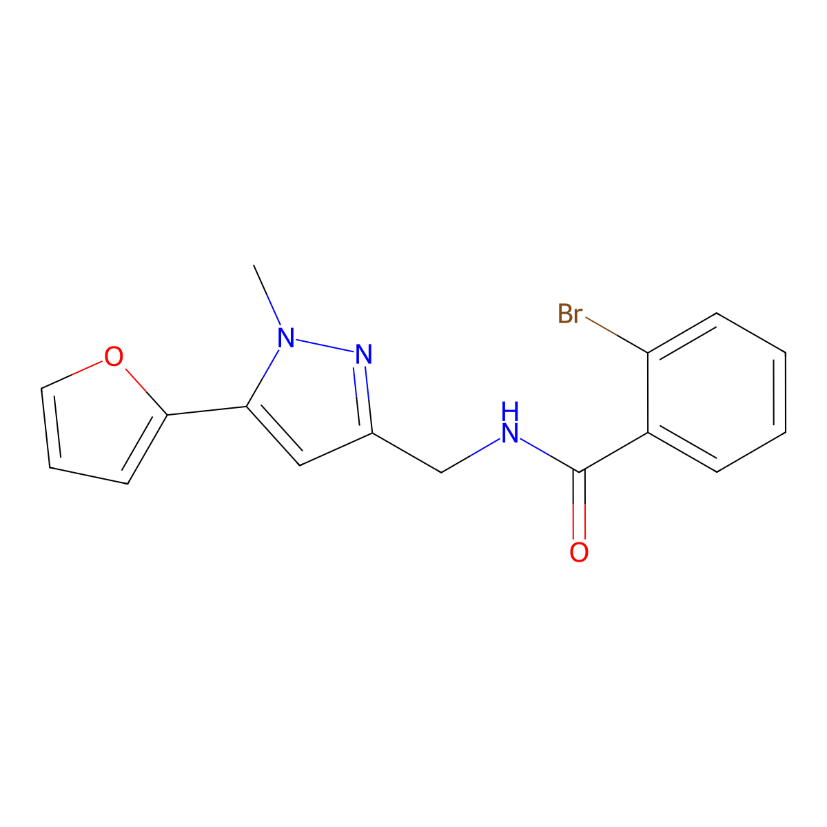 2-bromo-N-((5-(furan-2-yl)-1-methyl-1H-pyrazol-3-yl)methyl)benzamide molecular structure, CAS 1421489-94-2