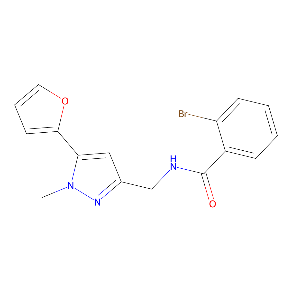 2-bromo-N-((5-(furan-2-yl)-1-methyl-1H-pyrazol-3-yl)methyl)benzamide molecular structure, CAS 1421489-94-2