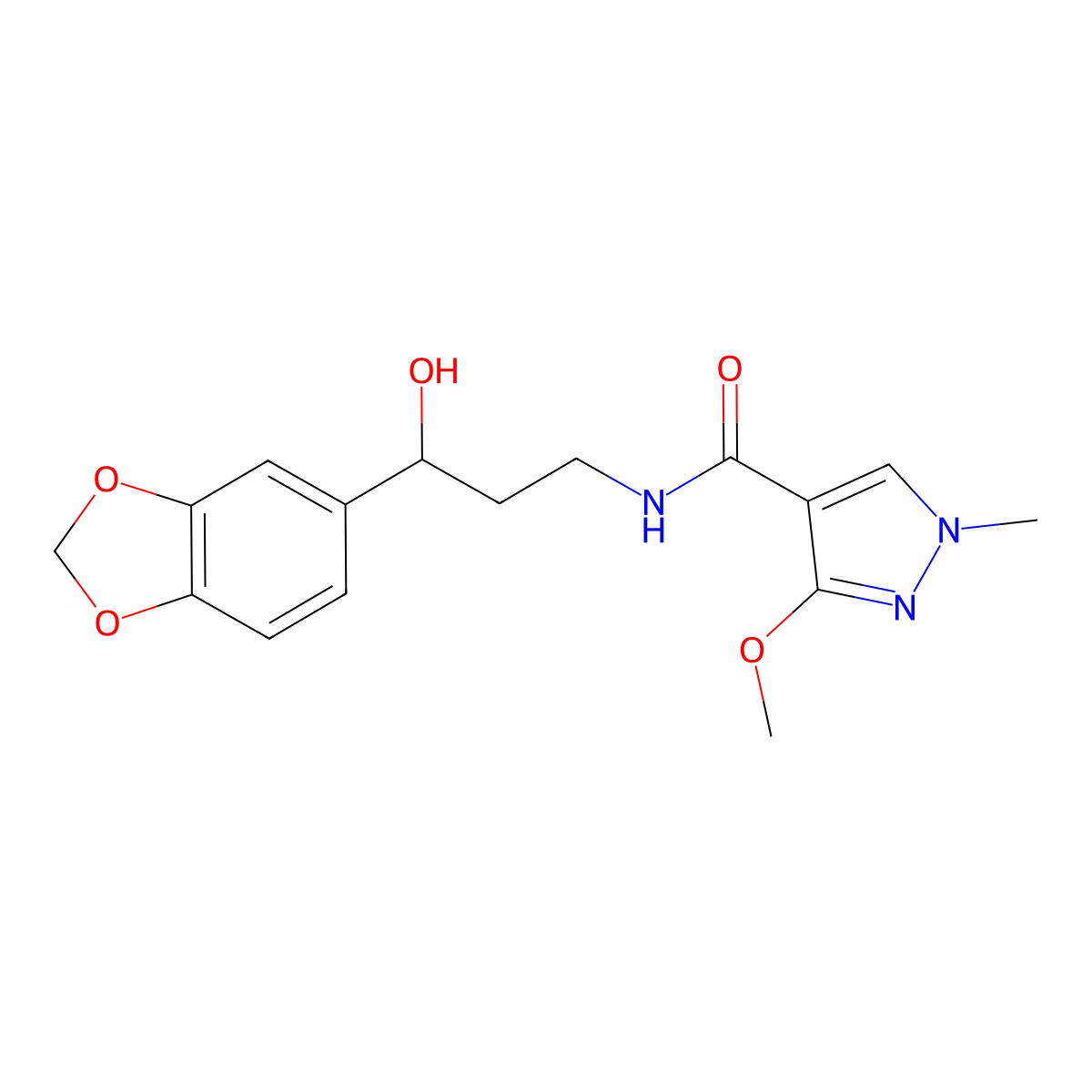 N-(3-(benzo[d][1,3]dioxol-5-yl)-3-hydroxypropyl)-3-methoxy-1-methyl-1H-pyrazole-4-carboxamide molecular structure, CAS 1421489-96-4