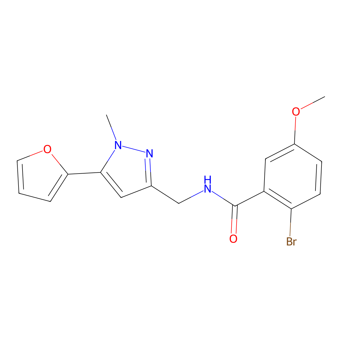 2-bromo-N-{[5-(furan-2-yl)-1-methyl-1H-pyrazol-3-yl]methyl}-5-methoxybenzamide molecular structure, CAS 1421489-99-7