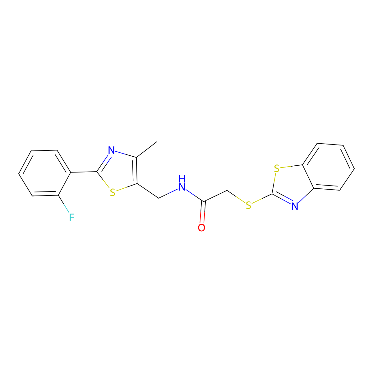 2-(benzo[d]thiazol-2-ylthio)-N-((2-(2-fluorophenyl)-4-methylthiazol-5-yl)methyl)acetamide molecular structure, CAS 1421490-02-9