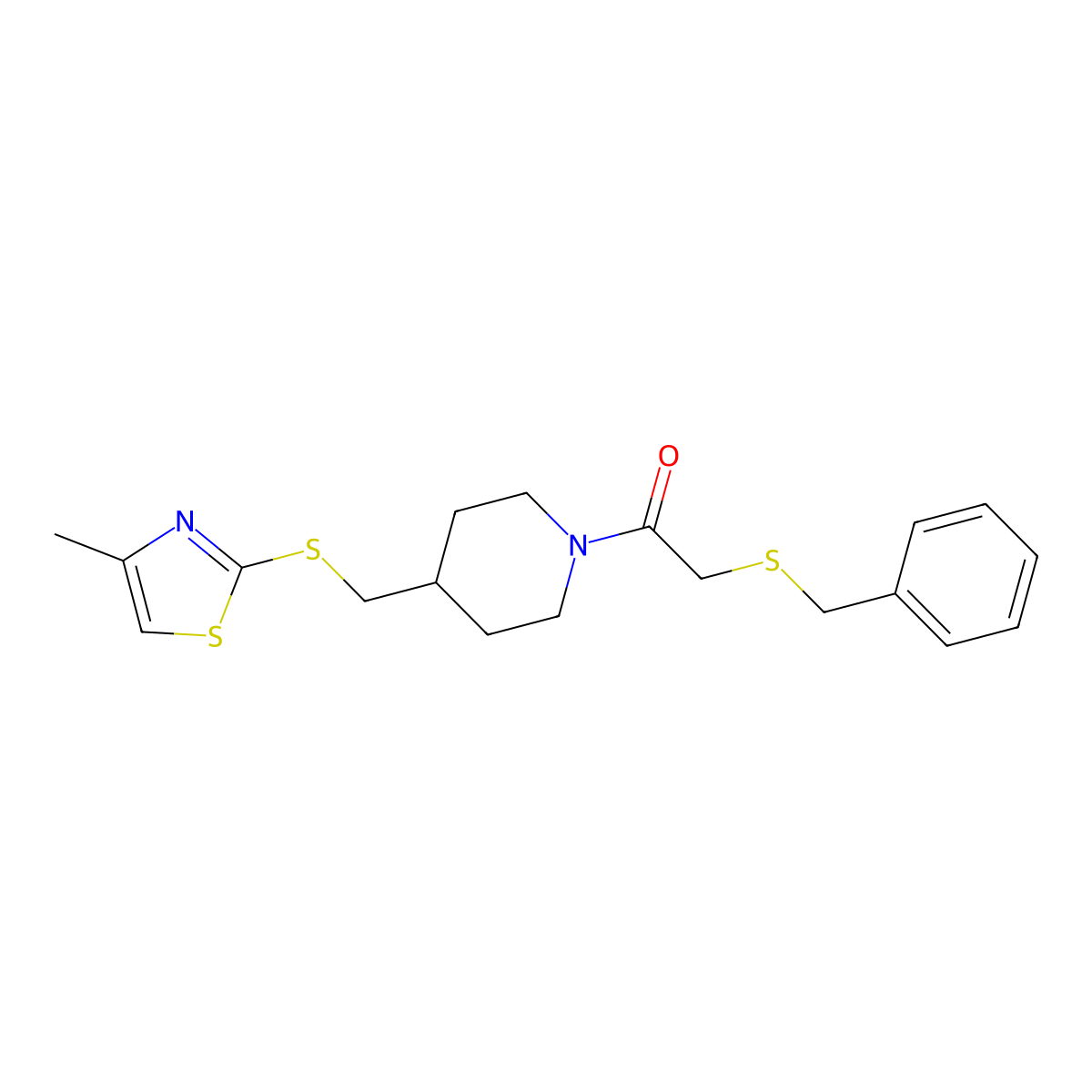 2-(Benzylthio)-1-(4-(((4-methylthiazol-2-yl)thio)methyl)piperidin-1-yl)ethanone molecular structure, CAS 1421490-03-0