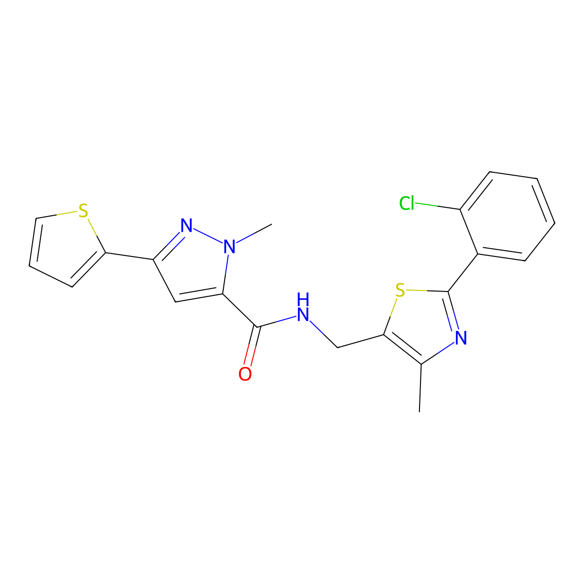 N-((2-(2-chlorophenyl)-4-methylthiazol-5-yl)methyl)-1-methyl-3-(thiophen-2-yl)-1H-pyrazole-5-carboxamide molecular structure, CAS 1421490-06-3