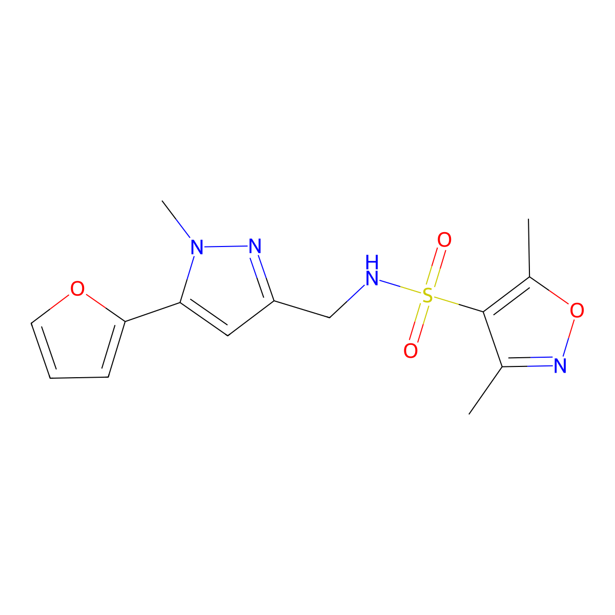 N-{[5-(furan-2-yl)-1-methyl-1H-pyrazol-3-yl]methyl}-3,5-dimethyl-1,2-oxazole-4-sulfonamide molecular structure, CAS 1421490-11-0