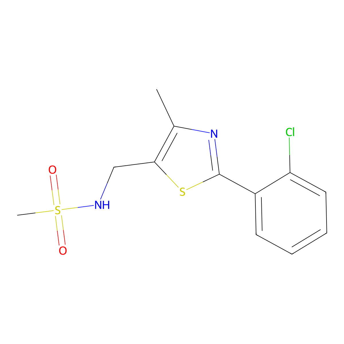N-((2-(2-chlorophenyl)-4-methylthiazol-5-yl)methyl)methanesulfonamide molecular structure, CAS 1421490-12-1