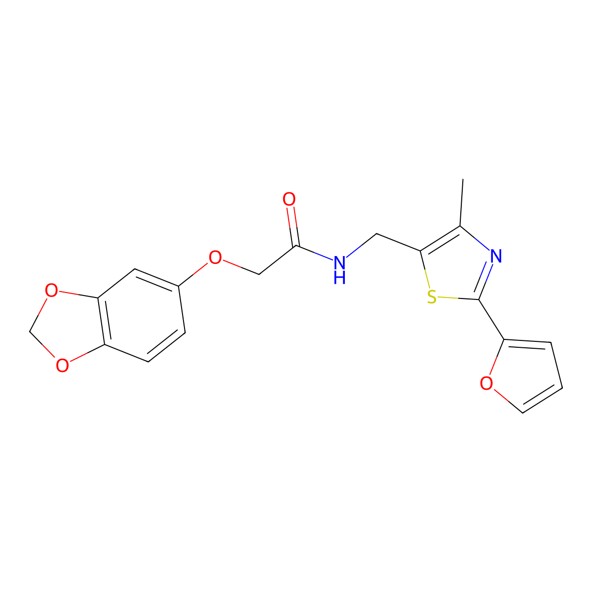 2-(benzo[d][1,3]dioxol-5-yloxy)-N-((2-(furan-2-yl)-4-methylthiazol-5-yl)methyl)acetamide molecular structure, CAS 1421490-24-5