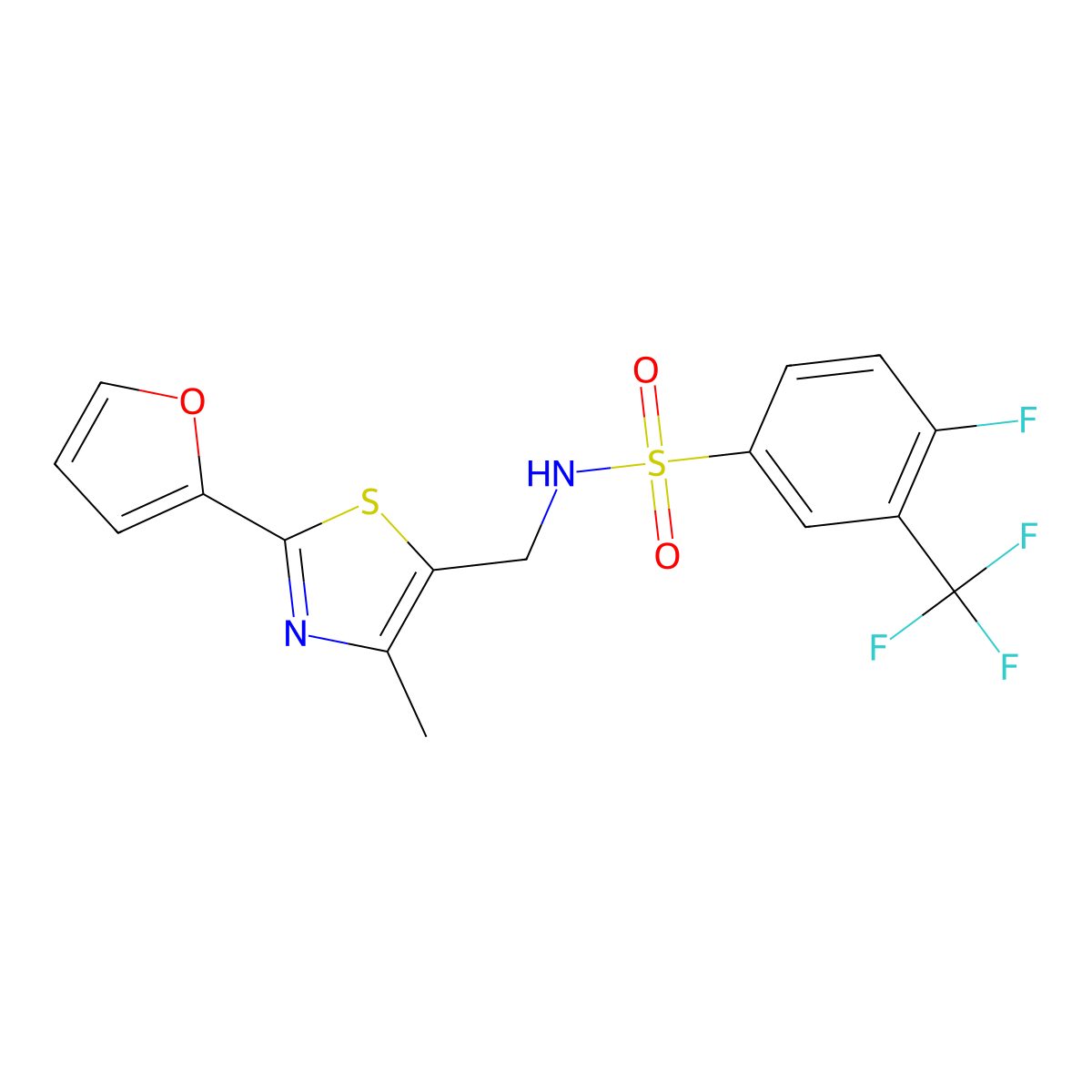 4-fluoro-N-((2-(furan-2-yl)-4-methylthiazol-5-yl)methyl)-3-(trifluoromethyl)benzenesulfonamide molecular structure, CAS 1421490-29-0