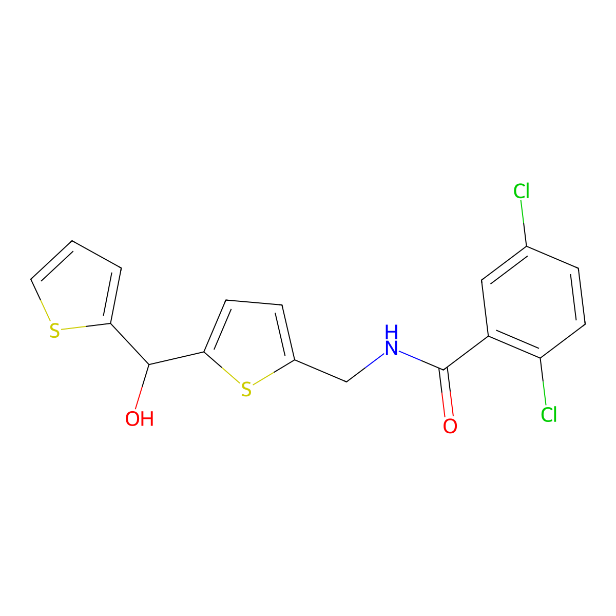 2,5-Dichloro-N-({5-[hydroxy(thiophen-2-YL)methyl]thiophen-2-YL}methyl)benzamide molecular structure, CAS 1421490-33-6