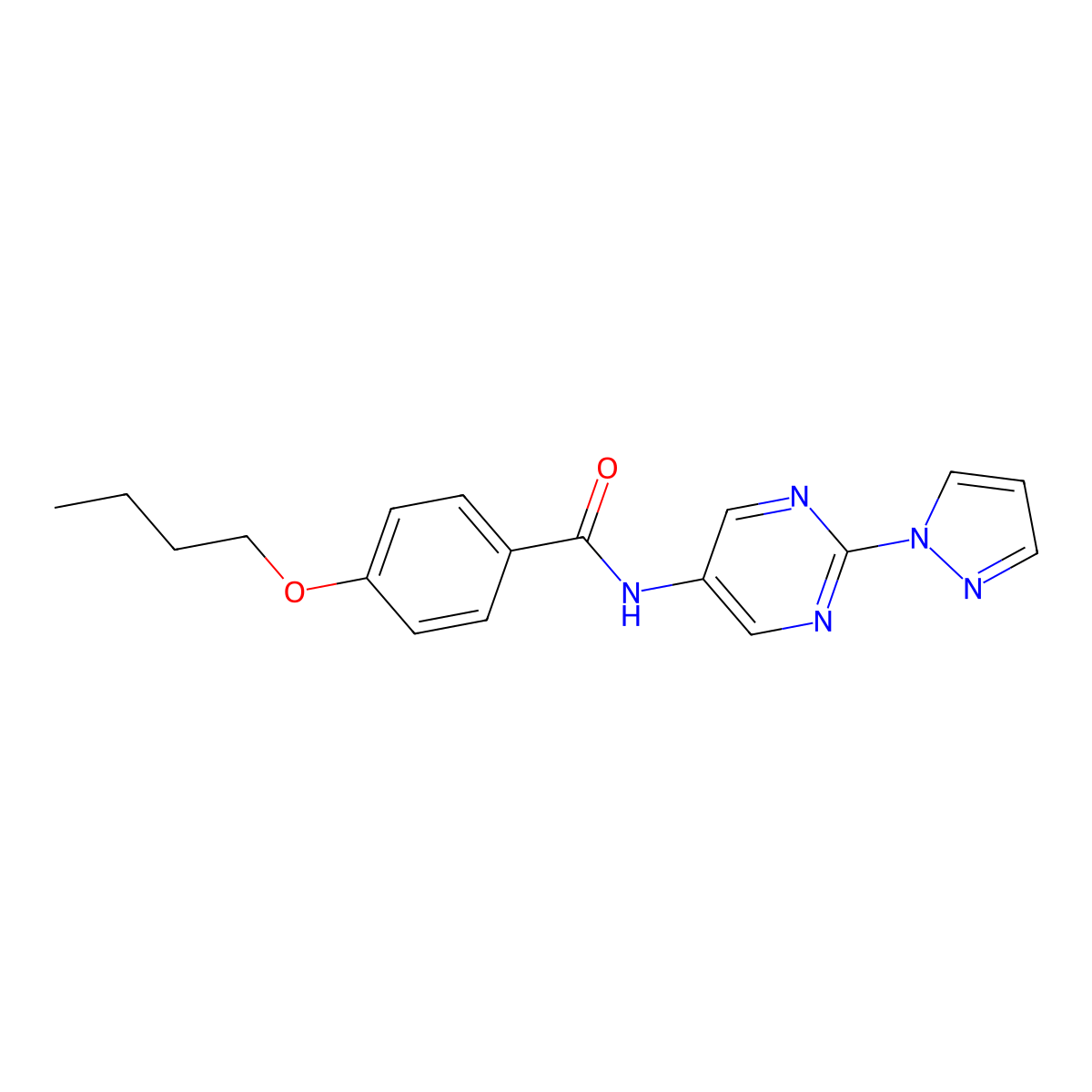 N-(2-(1H-pyrazol-1-yl)pyrimidin-5-yl)-4-butoxybenzamide molecular structure, CAS 1421490-38-1