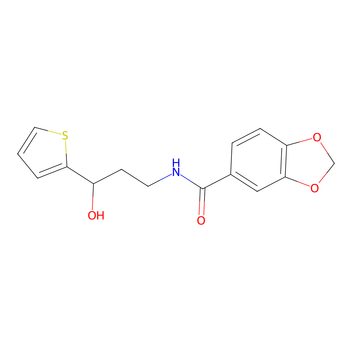 N-(3-hydroxy-3-(thiophen-2-yl)propyl)benzo[d][1,3]dioxole-5-carboxamide molecular structure, CAS 1421490-97-2