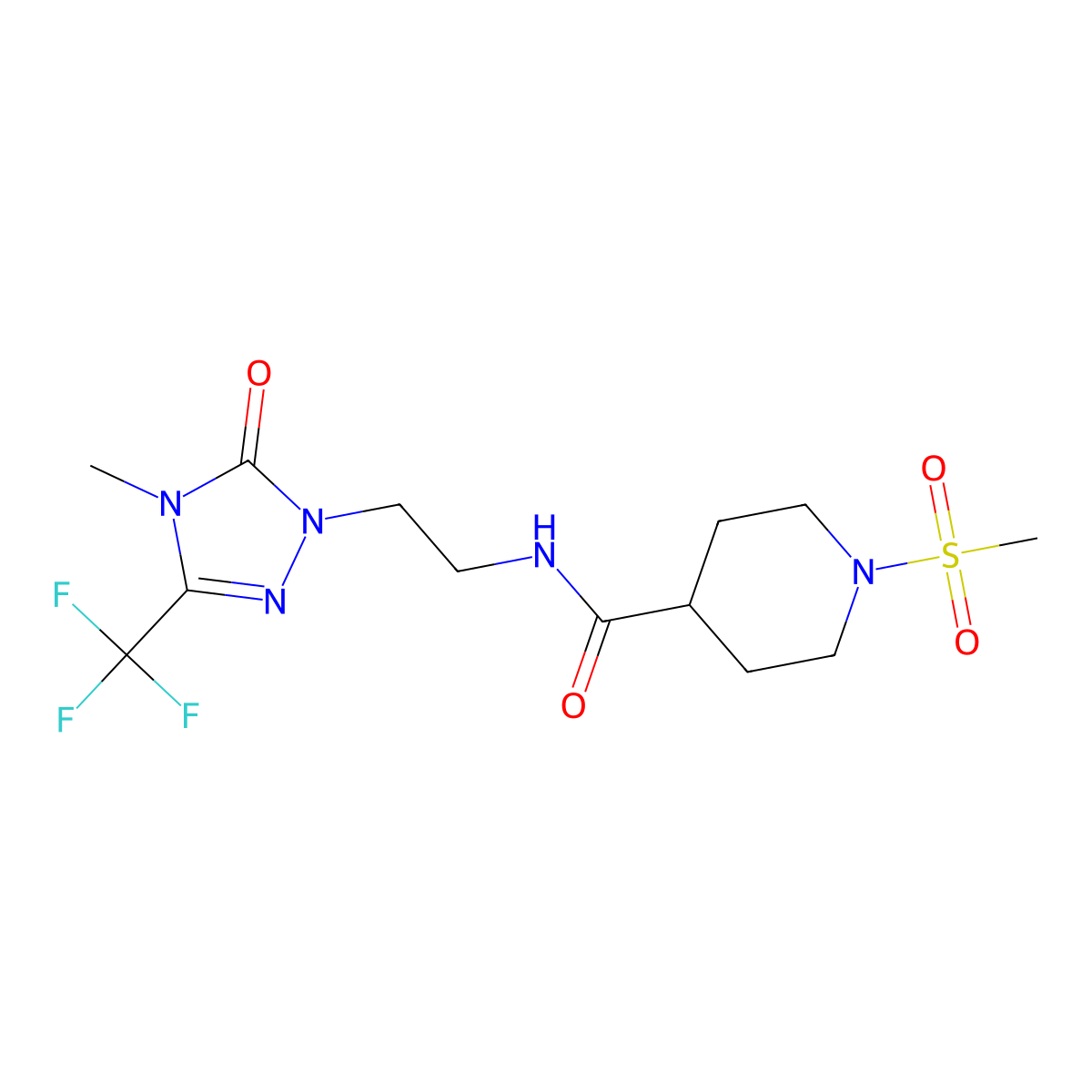 N-(2-(4-methyl-5-oxo-3-(trifluoromethyl)-4,5-dihydro-1H-1,2,4-triazol-1-yl)ethyl)-1-(methylsulfonyl)piperidine-4-carboxamide molecular structure, CAS 1421491-05-5