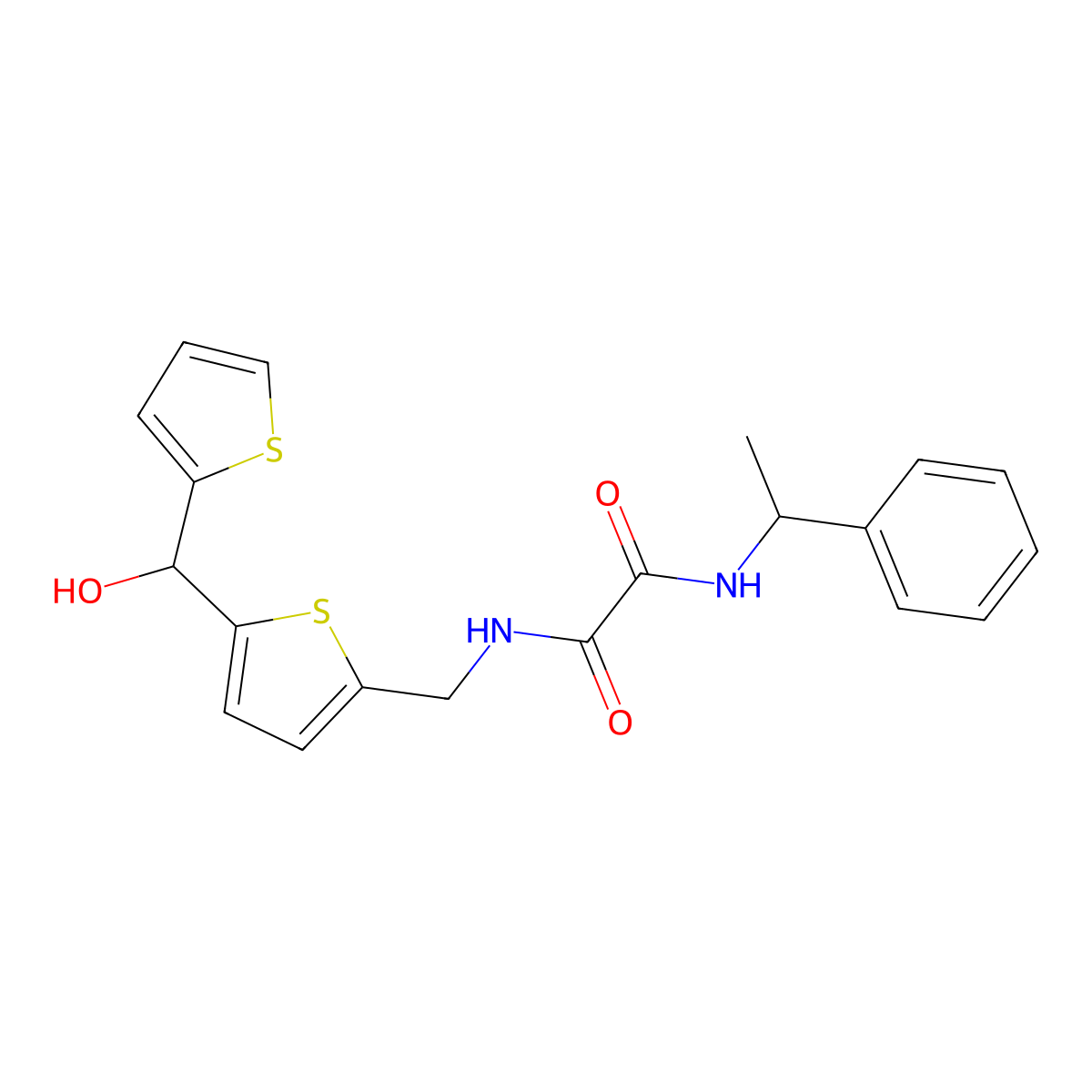 N1-((5-(hydroxy(thiophen-2-yl)methyl)thiophen-2-yl)methyl)-N2-(1-phenylethyl)oxalamide molecular structure, CAS 1421491-16-8