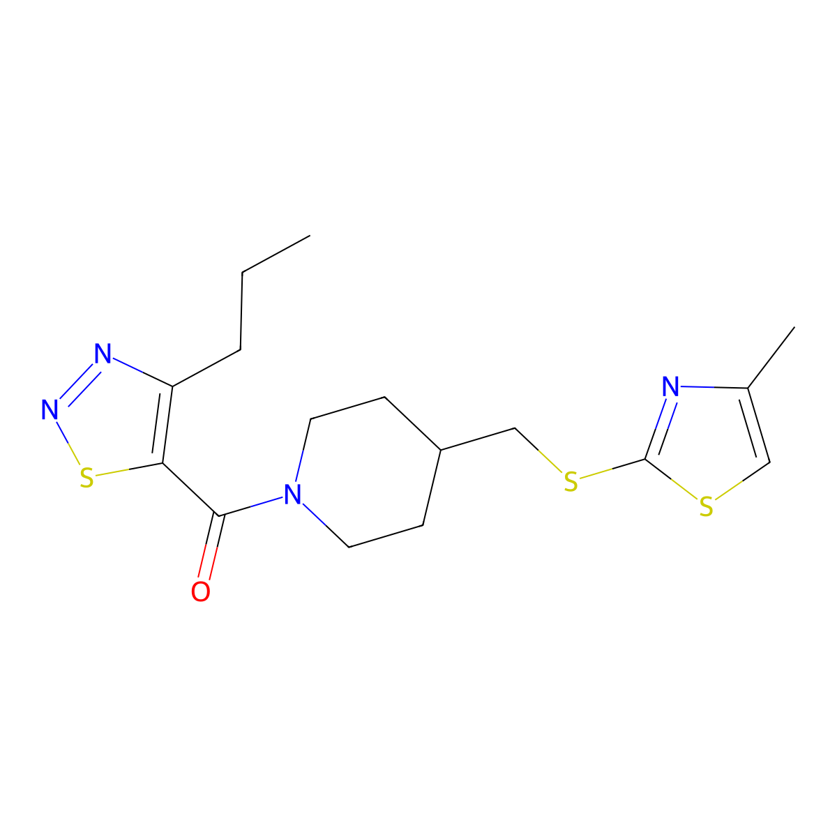 (4-(((4-Methylthiazol-2-yl)thio)methyl)piperidin-1-yl)(4-propyl-1,2,3-thiadiazol-5-yl)methanone molecular structure, CAS 1421491-18-0