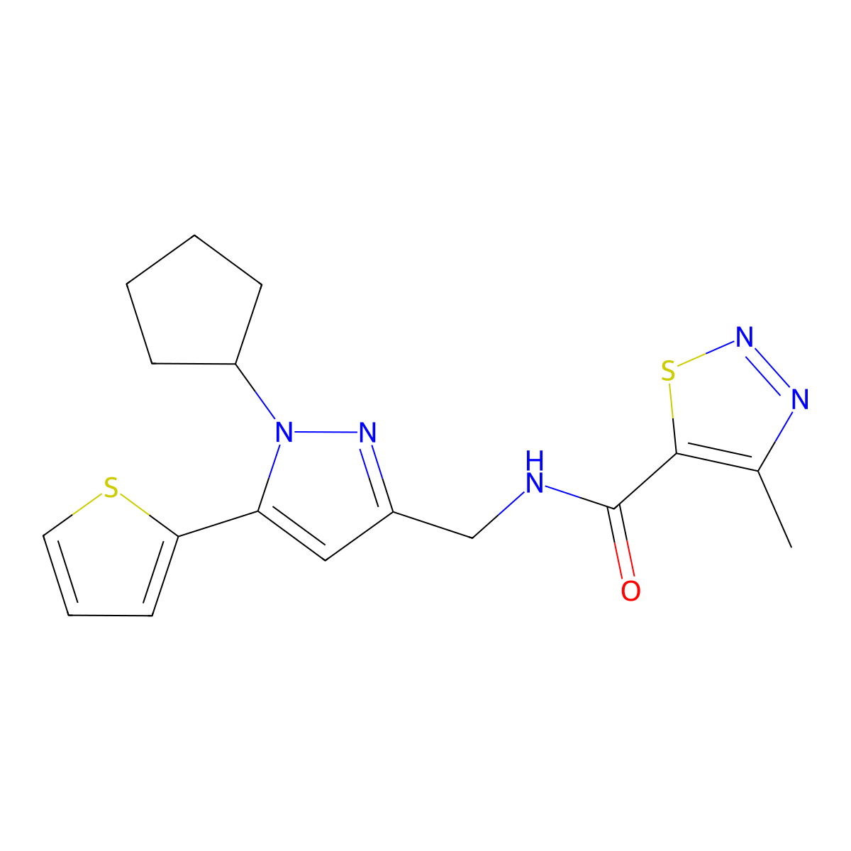 N-((1-cyclopentyl-5-(thiophen-2-yl)-1H-pyrazol-3-yl)methyl)-4-methyl-1,2,3-thiadiazole-5-carboxamide molecular structure, CAS 1421491-25-9