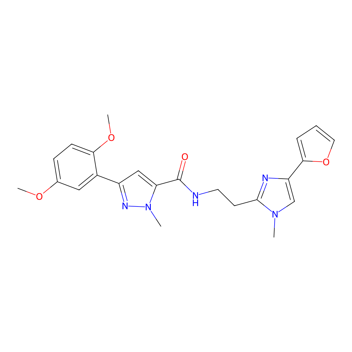 3-(2,5-dimethoxyphenyl)-N-{2-[4-(furan-2-yl)-1-methyl-1H-imidazol-2-yl]ethyl}-1-methyl-1H-pyrazole-5-carboxamide molecular structure, CAS 1421491-33-9