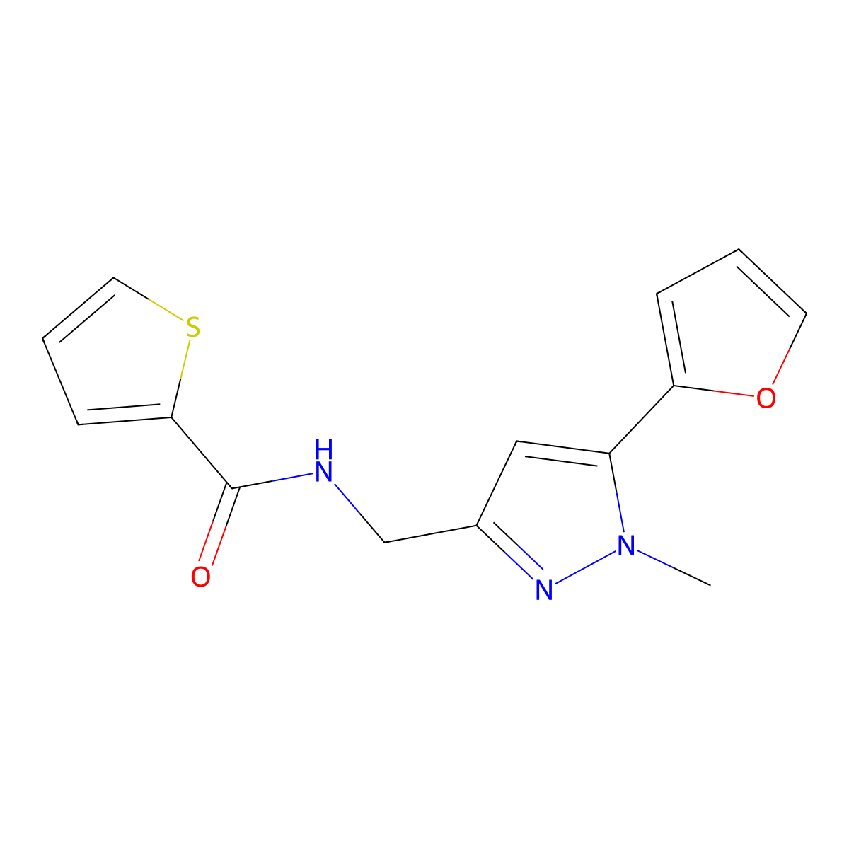 N-((5-(furan-2-yl)-1-methyl-1H-pyrazol-3-yl)methyl)thiophene-2-carboxamide molecular structure, CAS 1421491-40-8