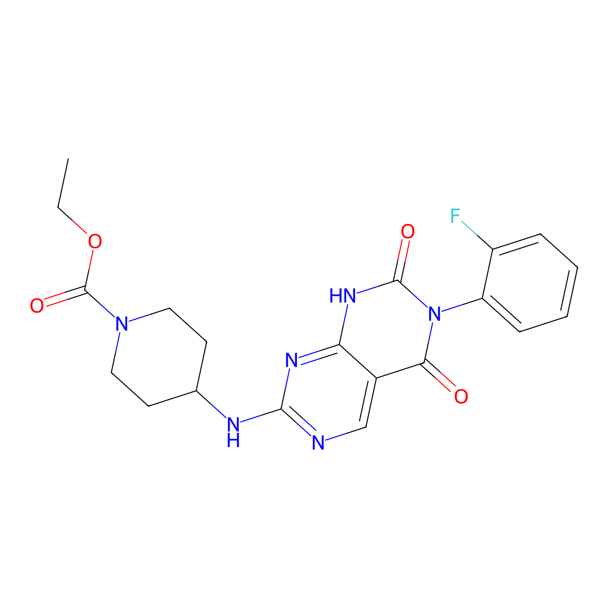 Ethyl 4-((6-(2-fluorophenyl)-5,7-dioxo-5,6,7,8-tetrahydropyrimido[4,5-d]pyrimidin-2-yl)amino)piperidine-1-carboxylate molecular structure, CAS 1421491-42-0