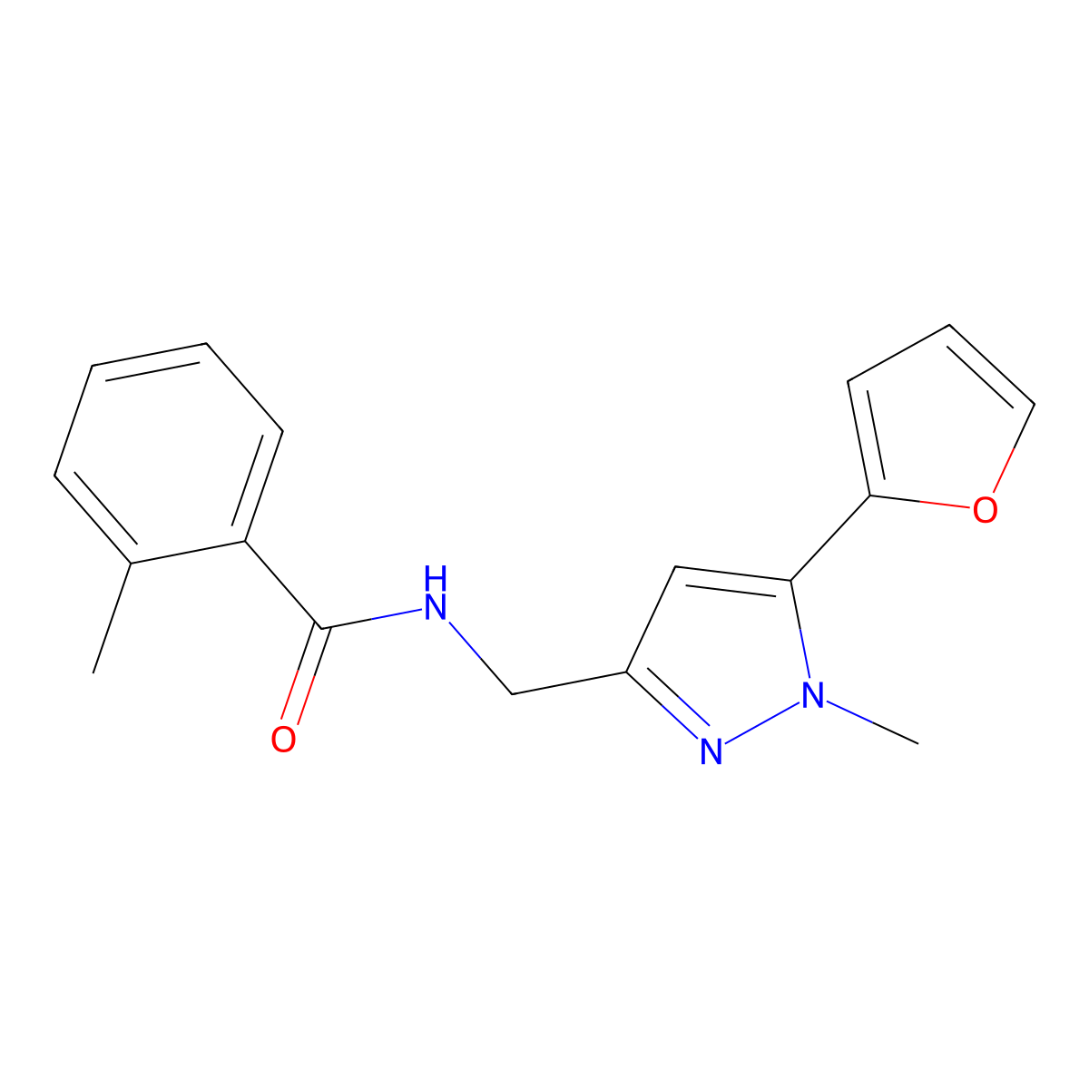 N-((5-(furan-2-yl)-1-methyl-1H-pyrazol-3-yl)methyl)-2-methylbenzamide molecular structure, CAS 1421491-47-5