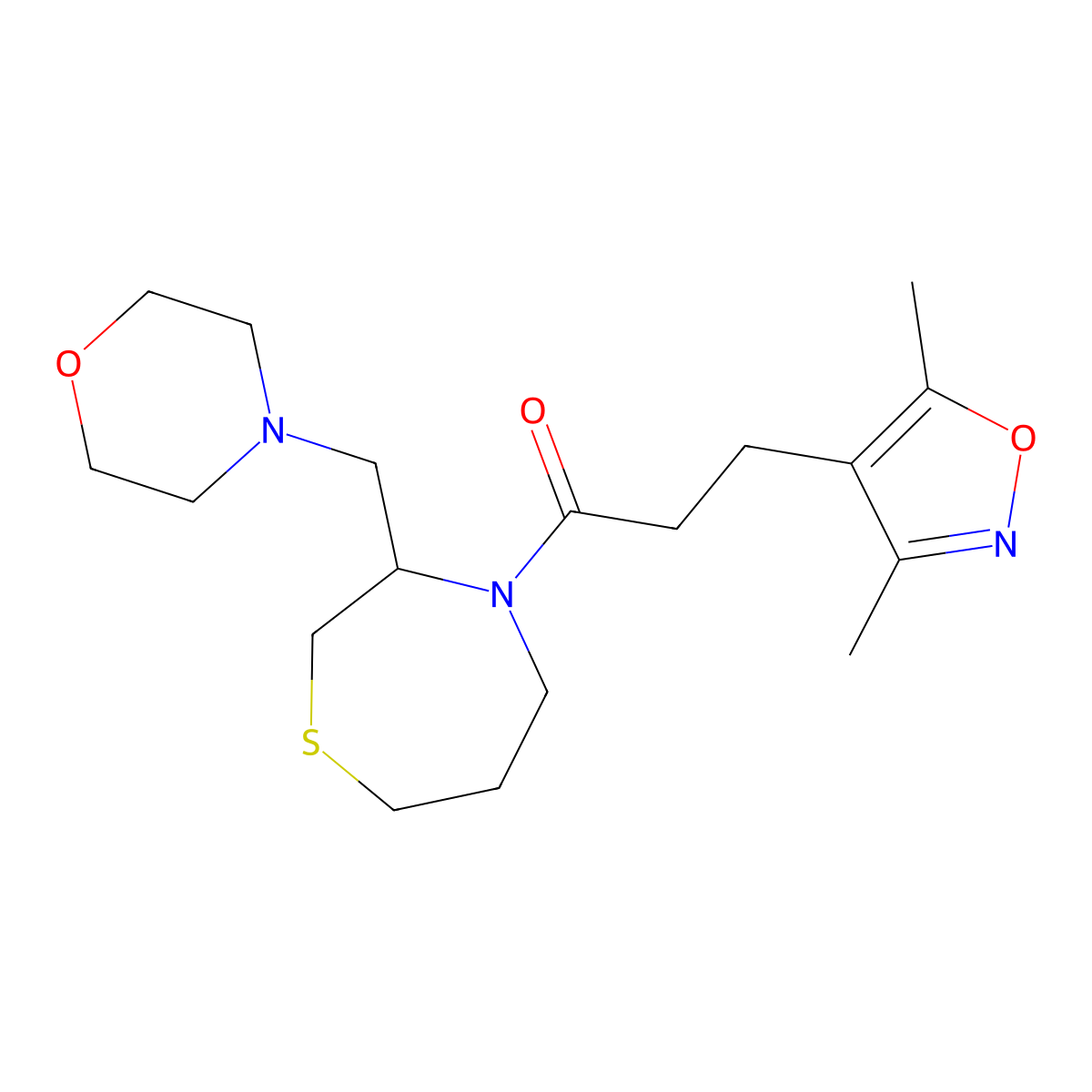 3-(3,5-Dimethylisoxazol-4-yl)-1-(3-(morpholinomethyl)-1,4-thiazepan-4-yl)propan-1-one molecular structure, CAS 1421491-54-4