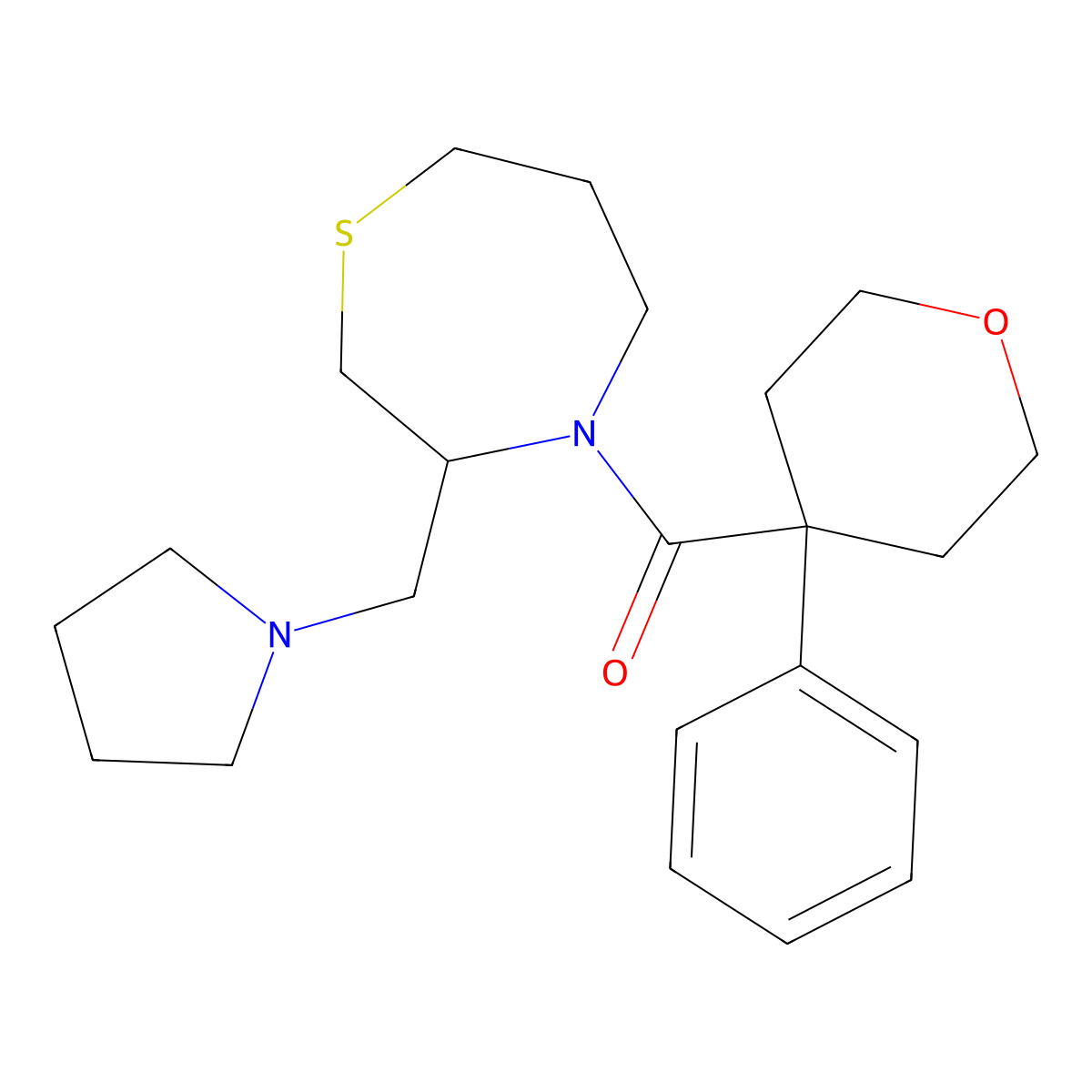 (4-phenyltetrahydro-2H-pyran-4-yl)(3-(pyrrolidin-1-ylmethyl)-1,4-thiazepan-4-yl)methanone molecular structure, CAS 1421491-83-9