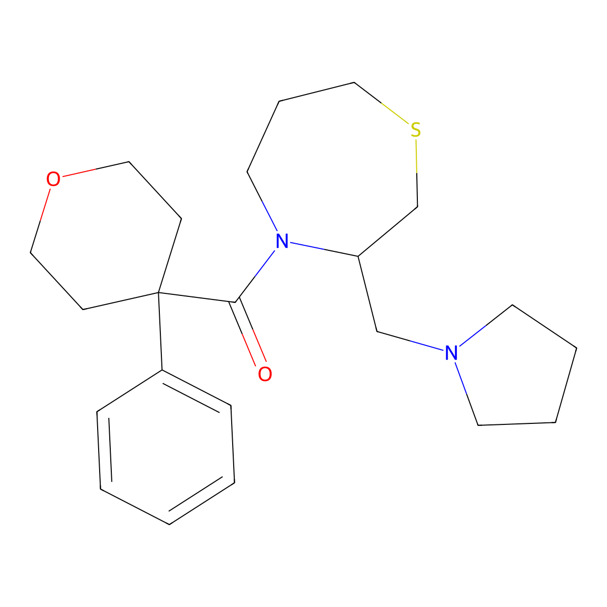 (4-phenyltetrahydro-2H-pyran-4-yl)(3-(pyrrolidin-1-ylmethyl)-1,4-thiazepan-4-yl)methanone molecular structure, CAS 1421491-83-9