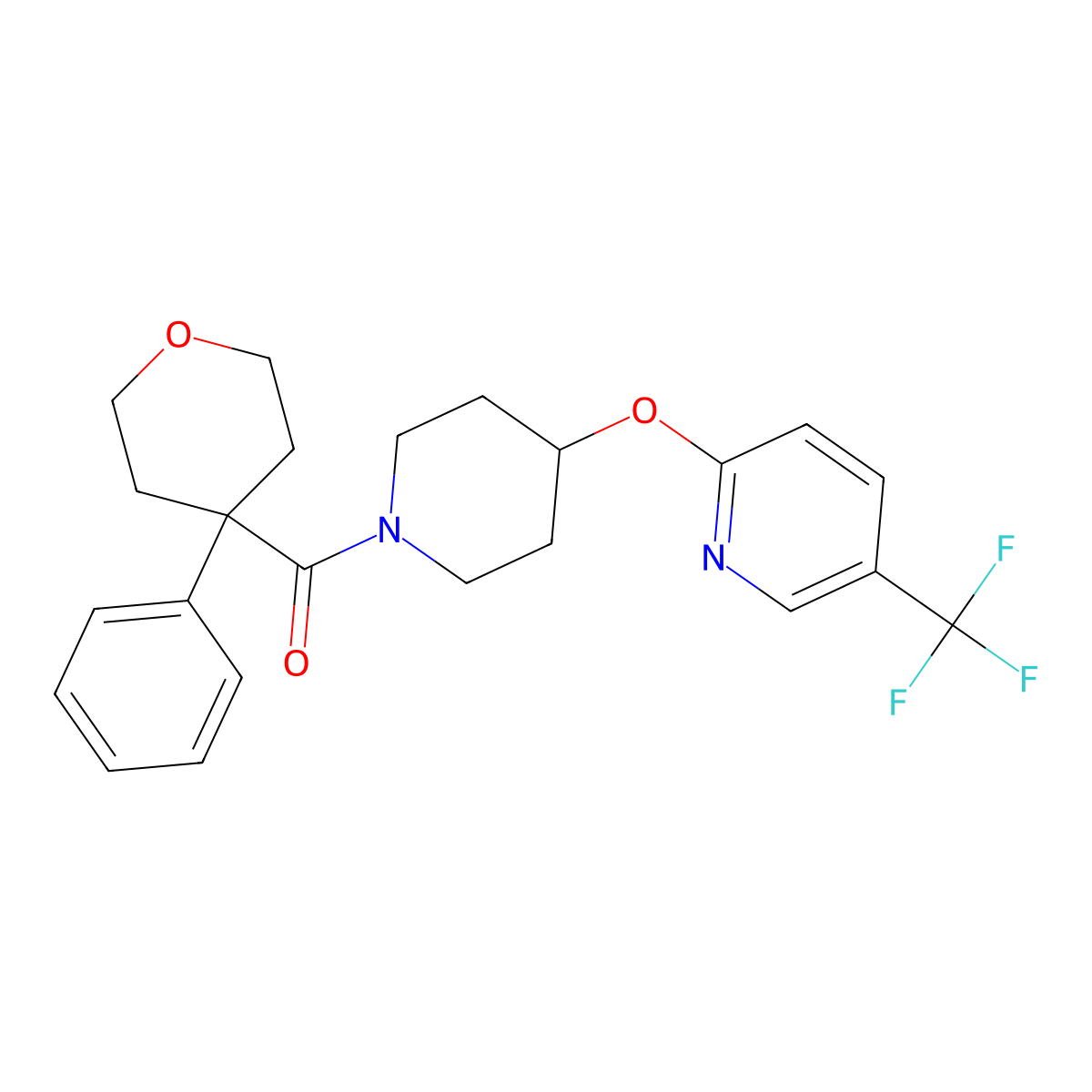 (4-phenyltetrahydro-2H-pyran-4-yl)(4-((5-(trifluoromethyl)pyridin-2-yl)oxy)piperidin-1-yl)methanone molecular structure, CAS 1421492-10-5