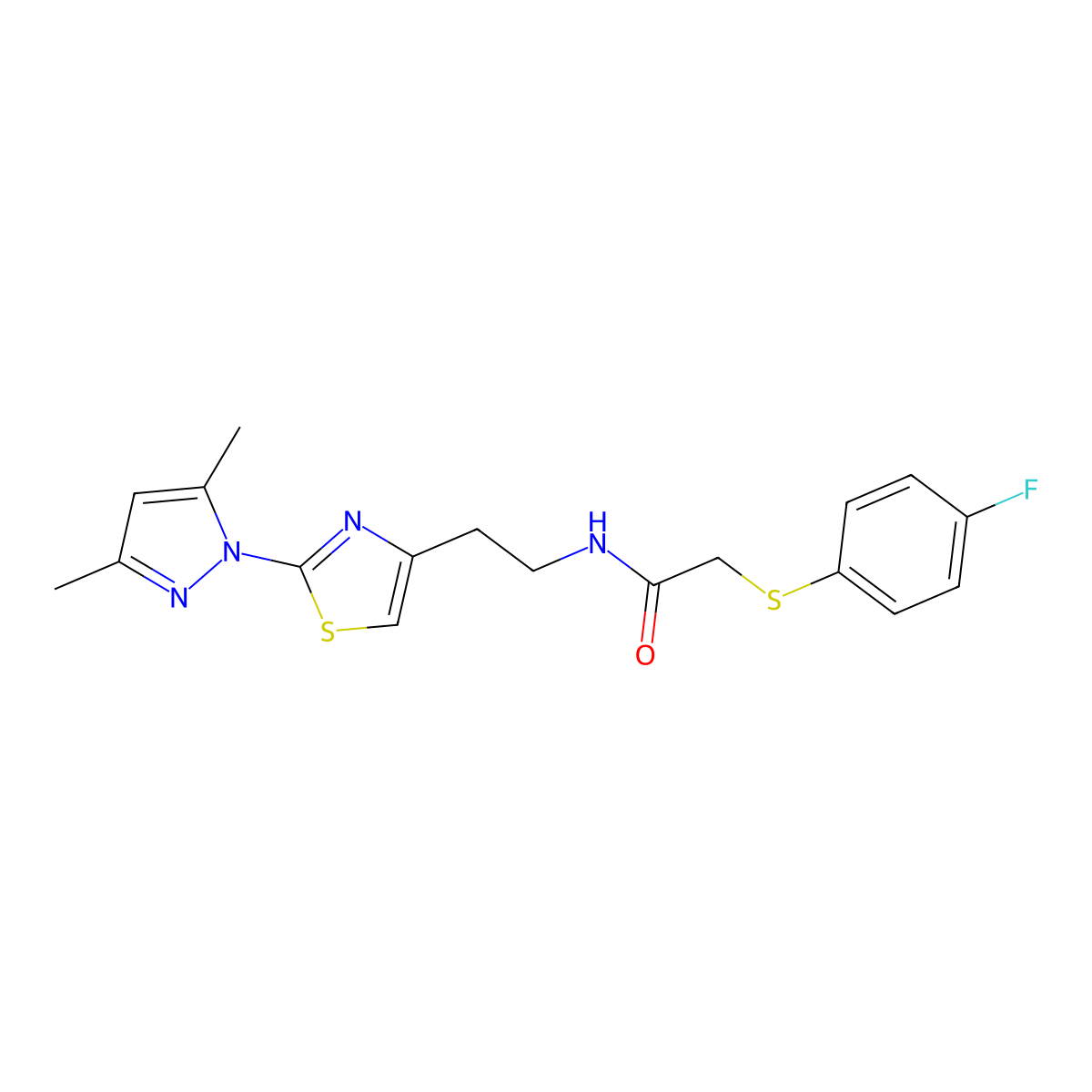 N-(2-(2-(3,5-dimethyl-1H-pyrazol-1-yl)thiazol-4-yl)ethyl)-2-((4-fluorophenyl)thio)acetamide molecular structure, CAS 1421492-23-0