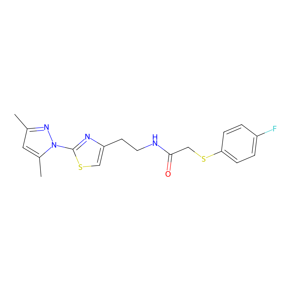 N-(2-(2-(3,5-dimethyl-1H-pyrazol-1-yl)thiazol-4-yl)ethyl)-2-((4-fluorophenyl)thio)acetamide molecular structure, CAS 1421492-23-0