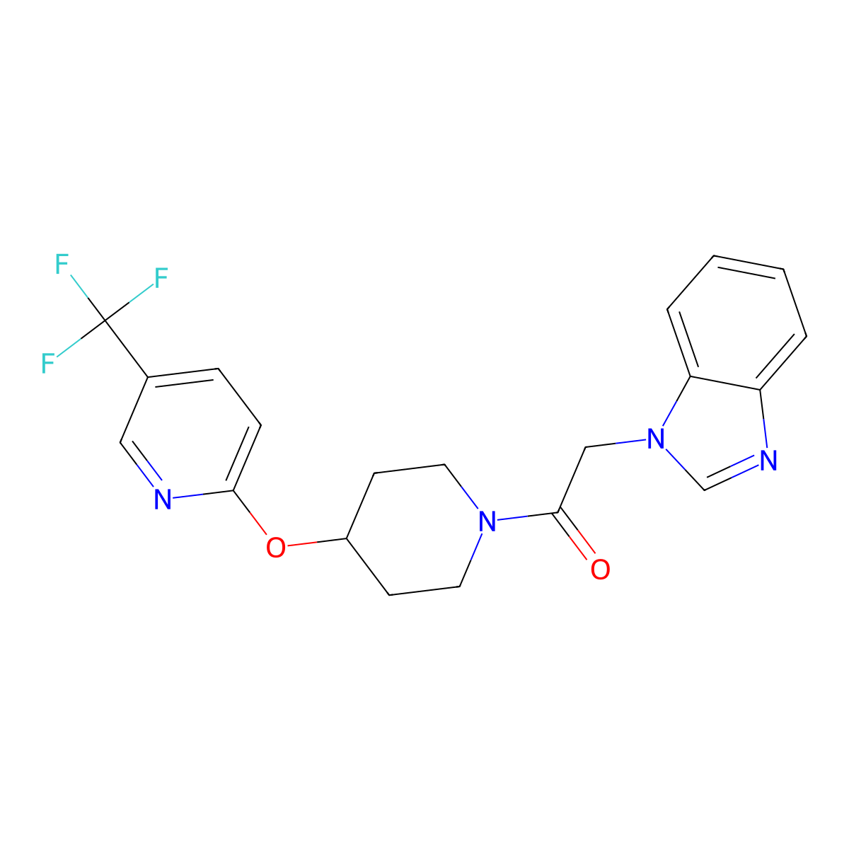 2-(1H-benzo[d]imidazol-1-yl)-1-(4-((5-(trifluoromethyl)pyridin-2-yl)oxy)piperidin-1-yl)ethanone molecular structure, CAS 1421492-31-0